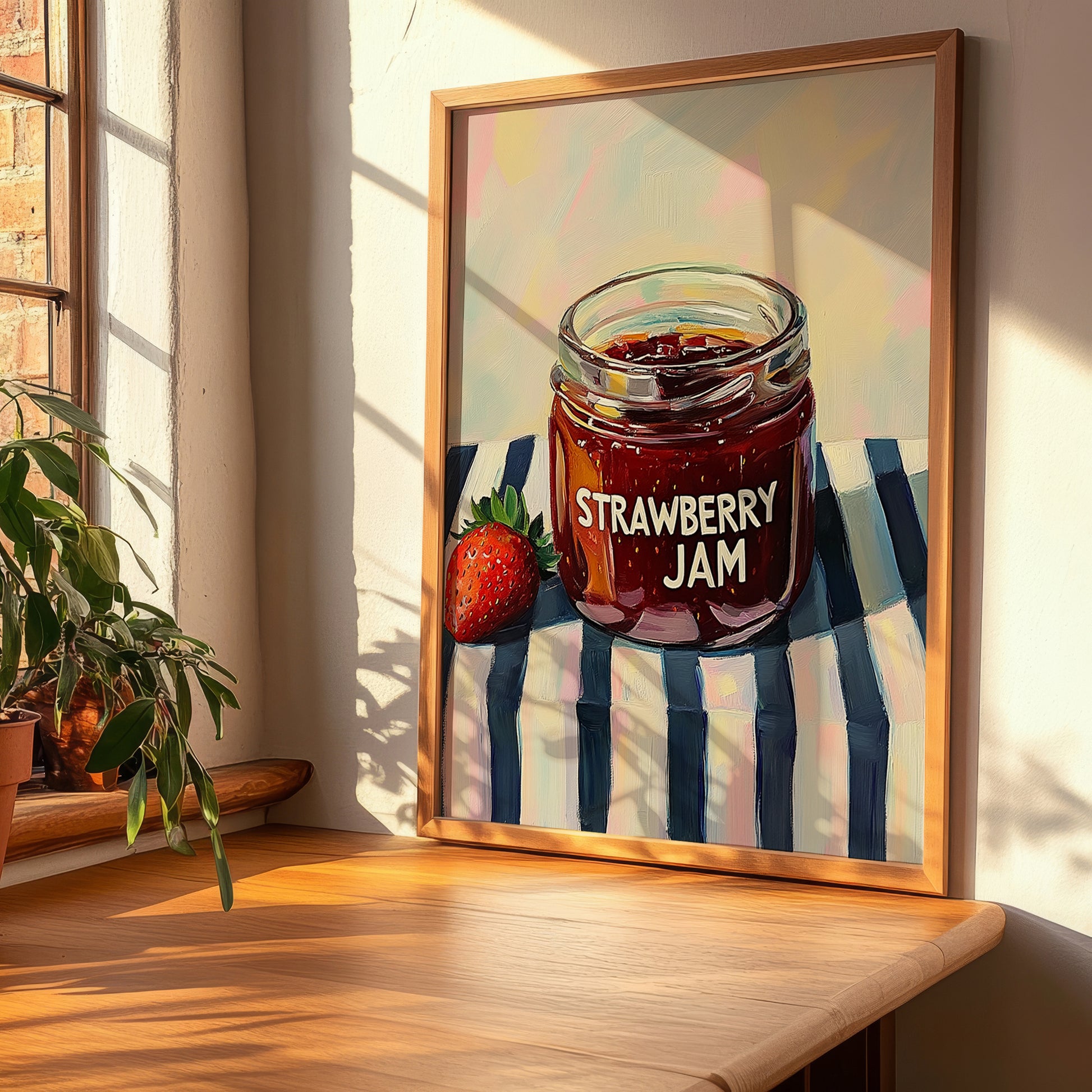 Strawberry Jam – on Striped Tablecloth, Jam Wall Art, clean layout with no caption