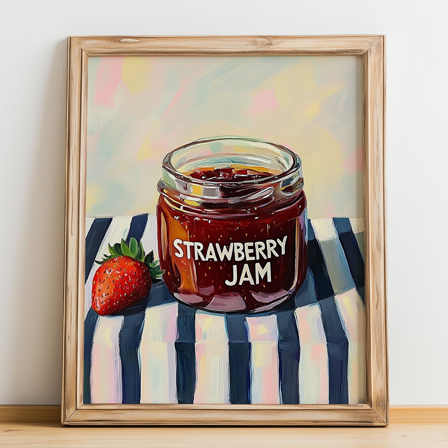 Strawberry Jam – on Striped Tablecloth, Jam Wall Art, no-text version framed in wood