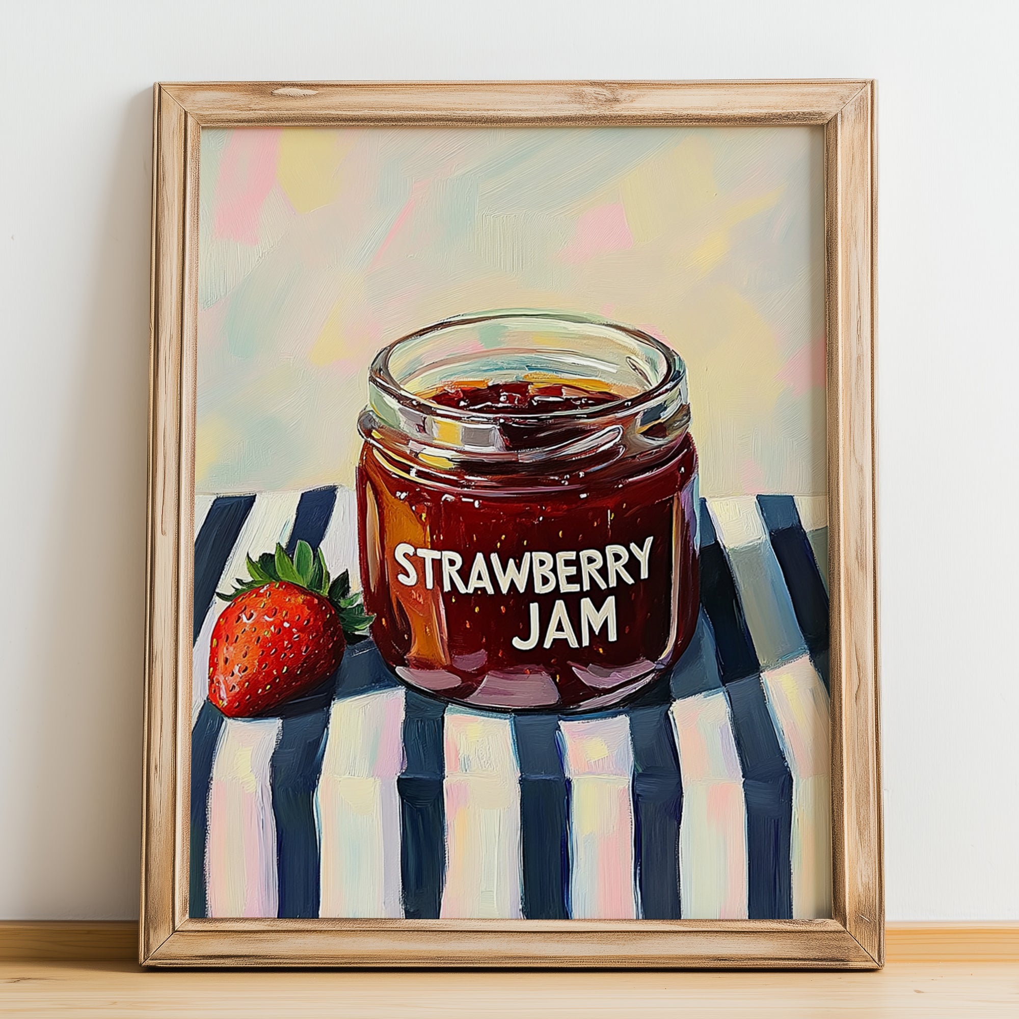 Strawberry Jam – on Striped Tablecloth, Jam Wall Art, no-text version framed in wood