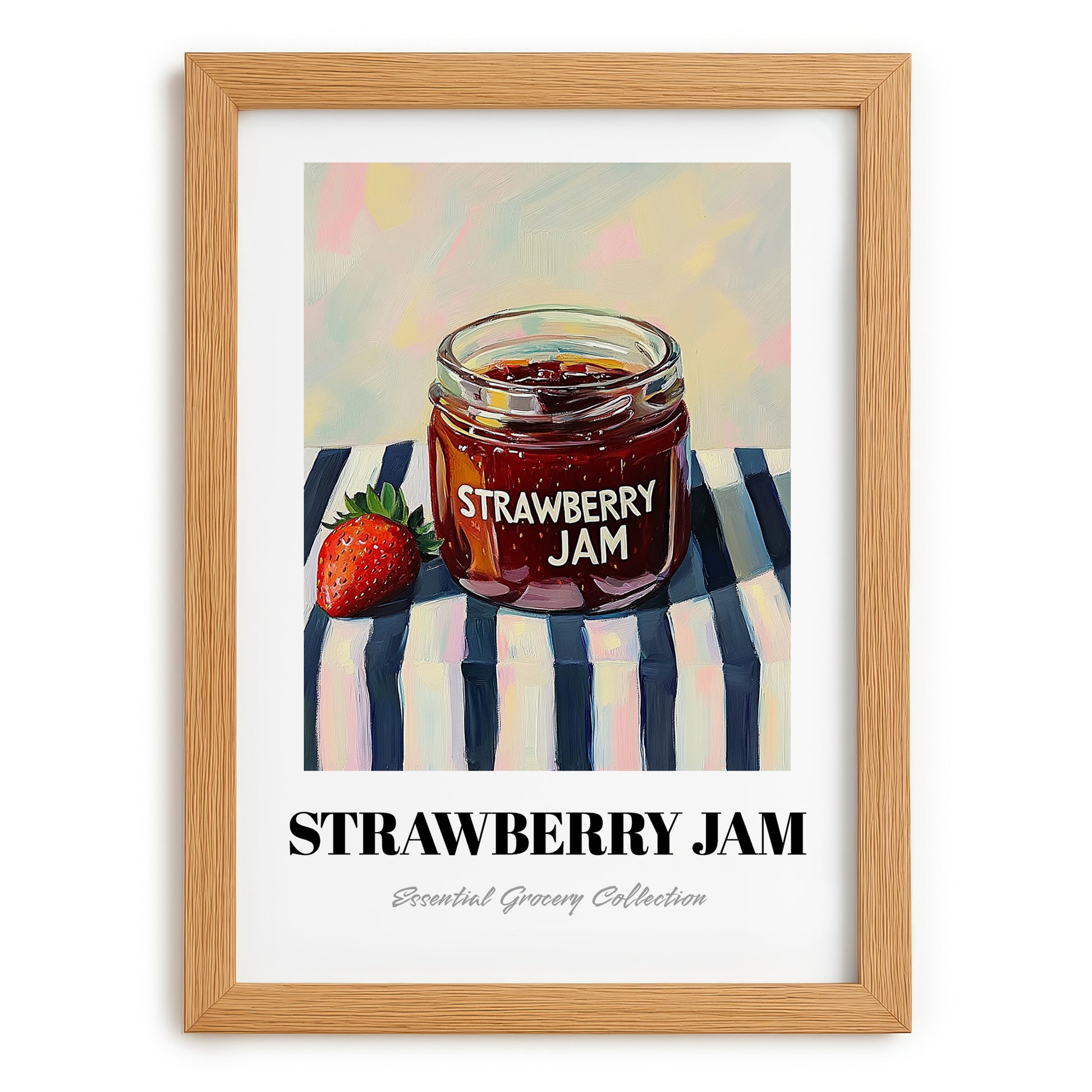 Strawberry Jam – on Striped Tablecloth, Jam Wall Art, set in oak frame