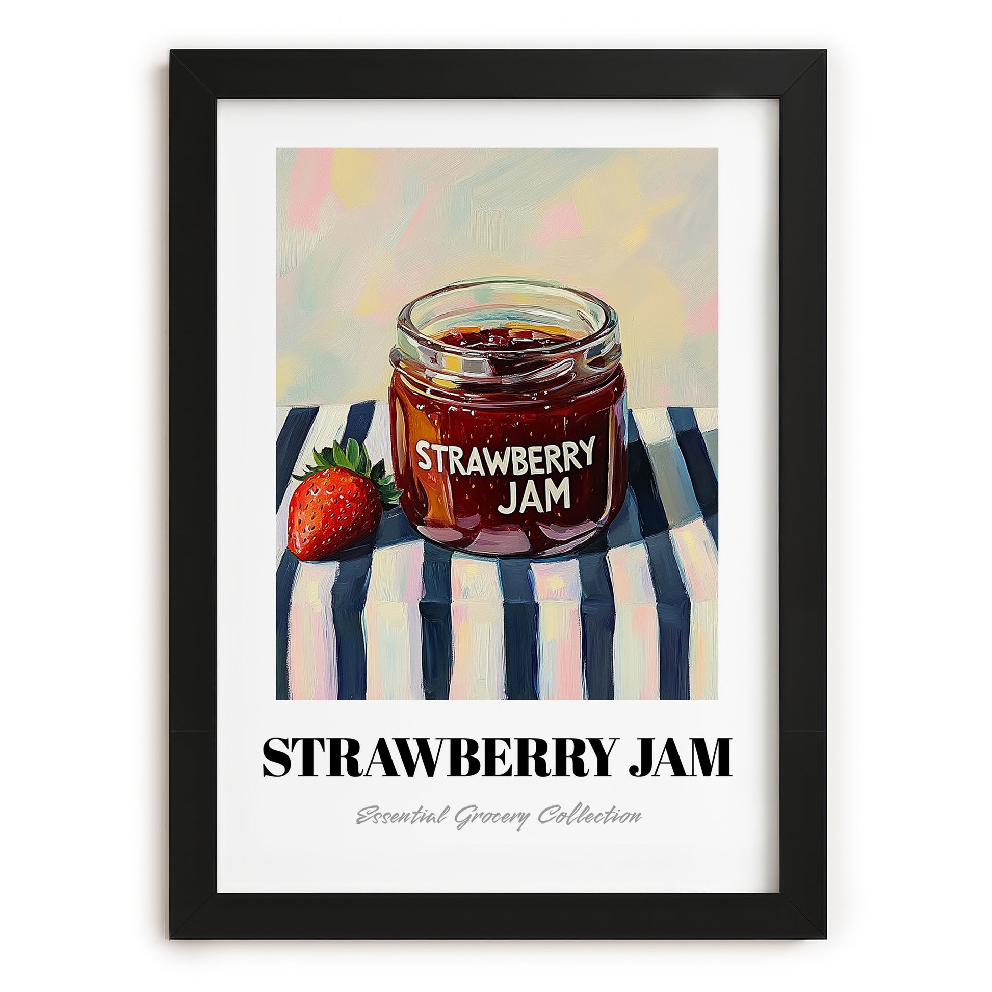 Strawberry Jam – on Striped Tablecloth, Jam Wall Art, in sleek black frame