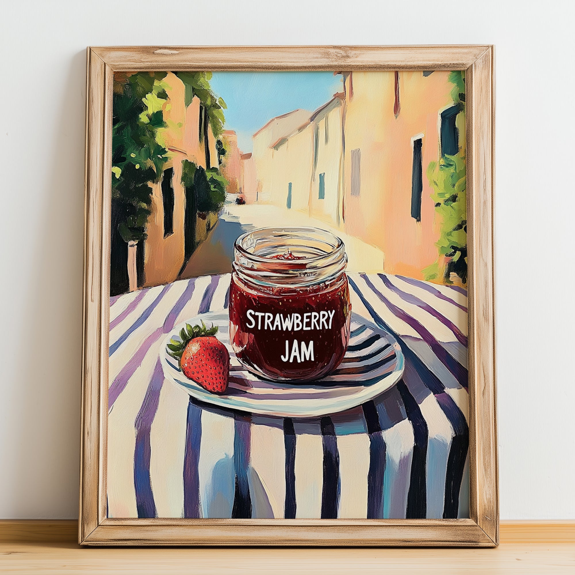 Strawberry Jam – Italian Urban Café Scene, Jam Painting, no-text version framed in wood