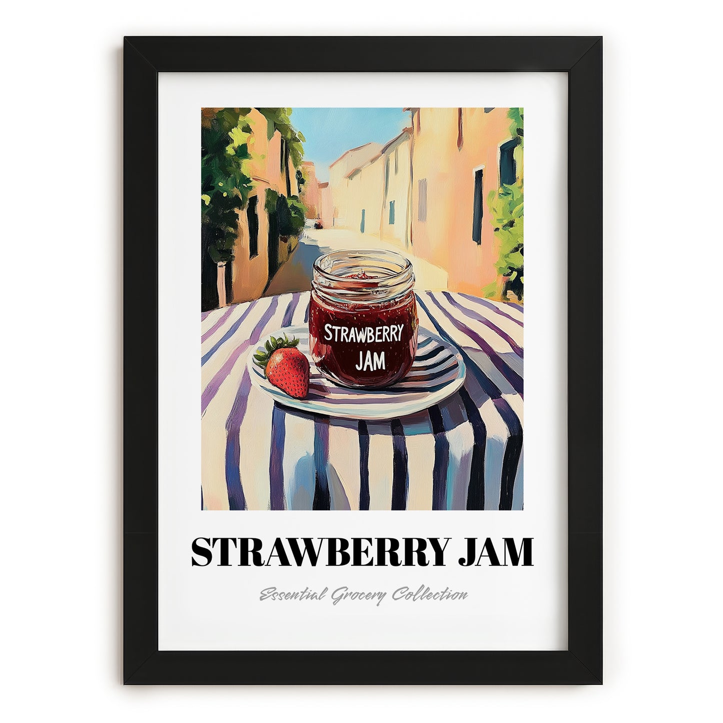 Strawberry Jam – Italian Urban Café Scene, Jam Painting, in sleek black frame