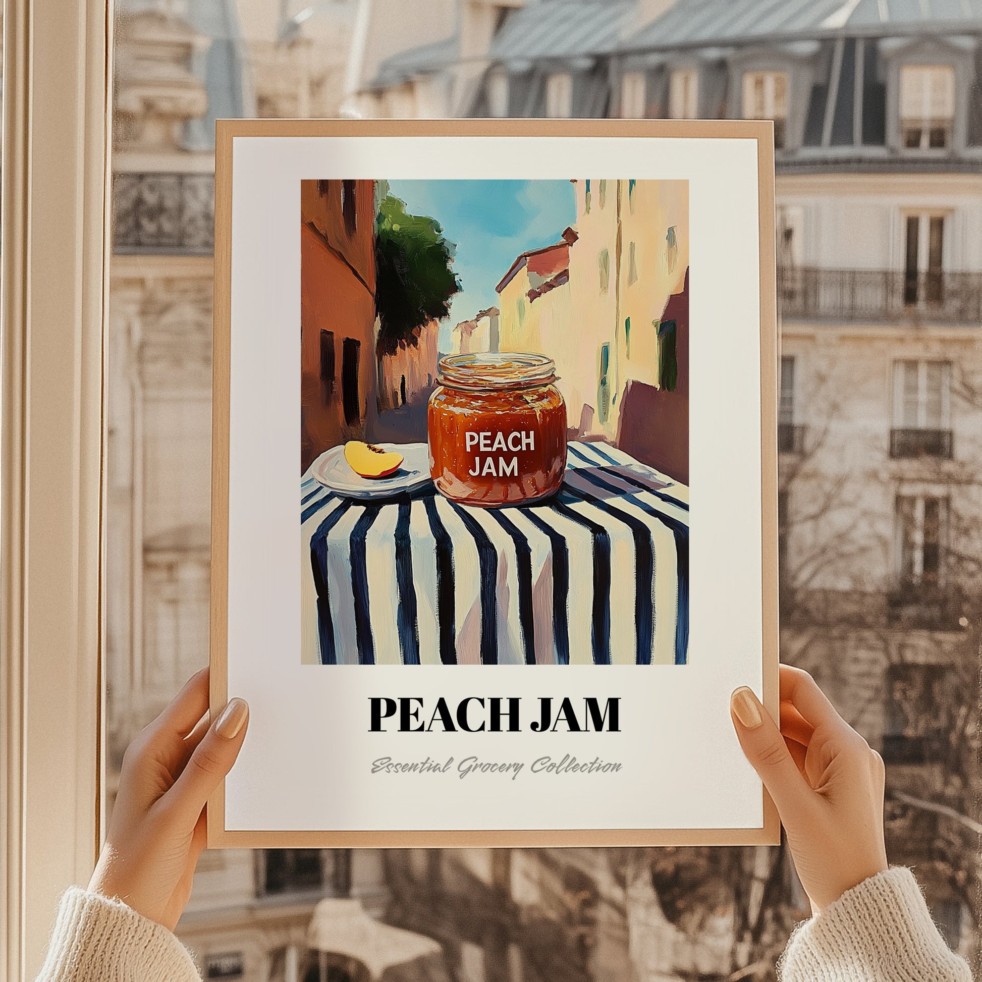 Peach Jam – Italian Street Café Scene, Jam Poster, styled in a charming Paris street view
