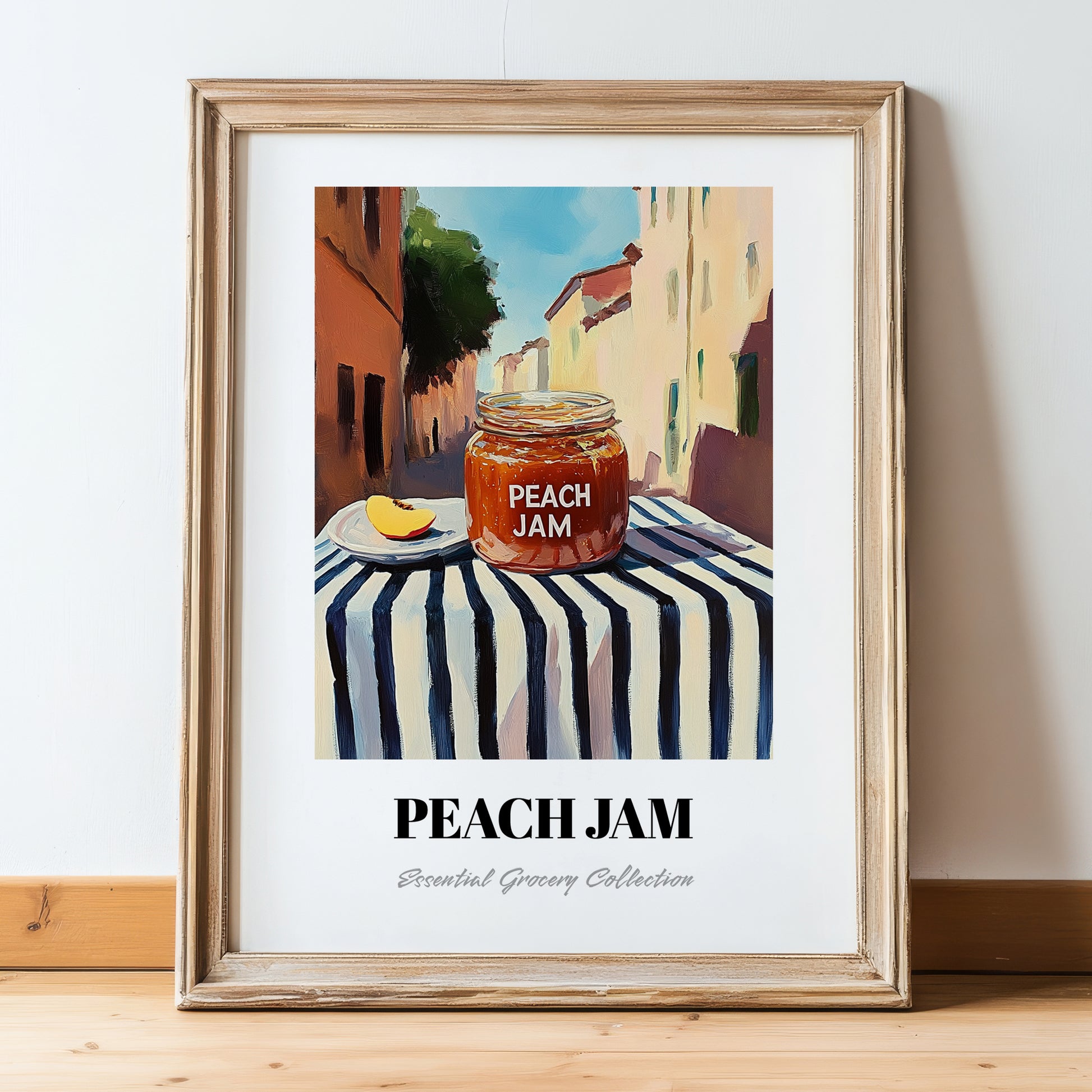 Peach Jam – Italian Street Café Scene, Jam Poster, in wooden frame leaning on the floor