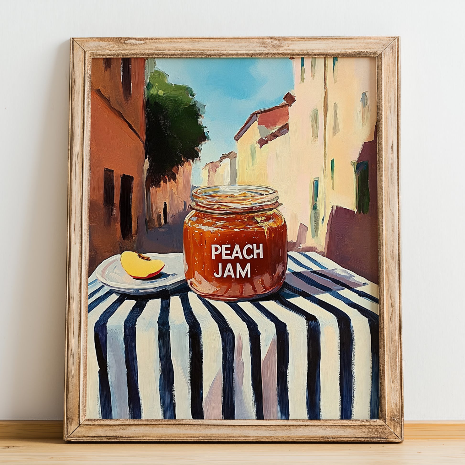 Peach Jam – Italian Street Café Scene, Jam Poster, no-text version framed in wood