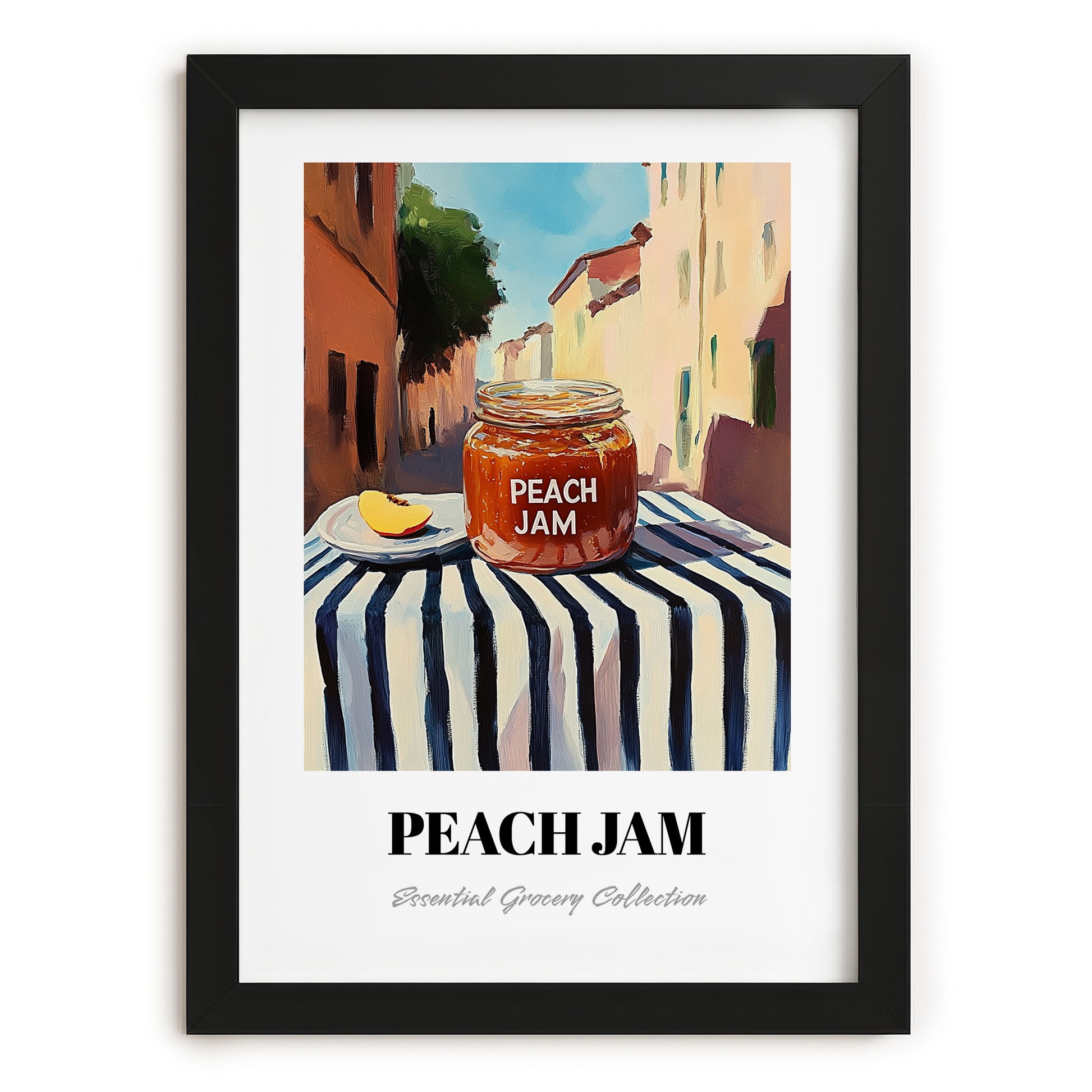 Peach Jam – Italian Street Café Scene, Jam Poster, in sleek black frame
