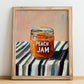 Peach Jam – on Striped Tablecloth, Jam Wall Decor, no-text version framed in wood