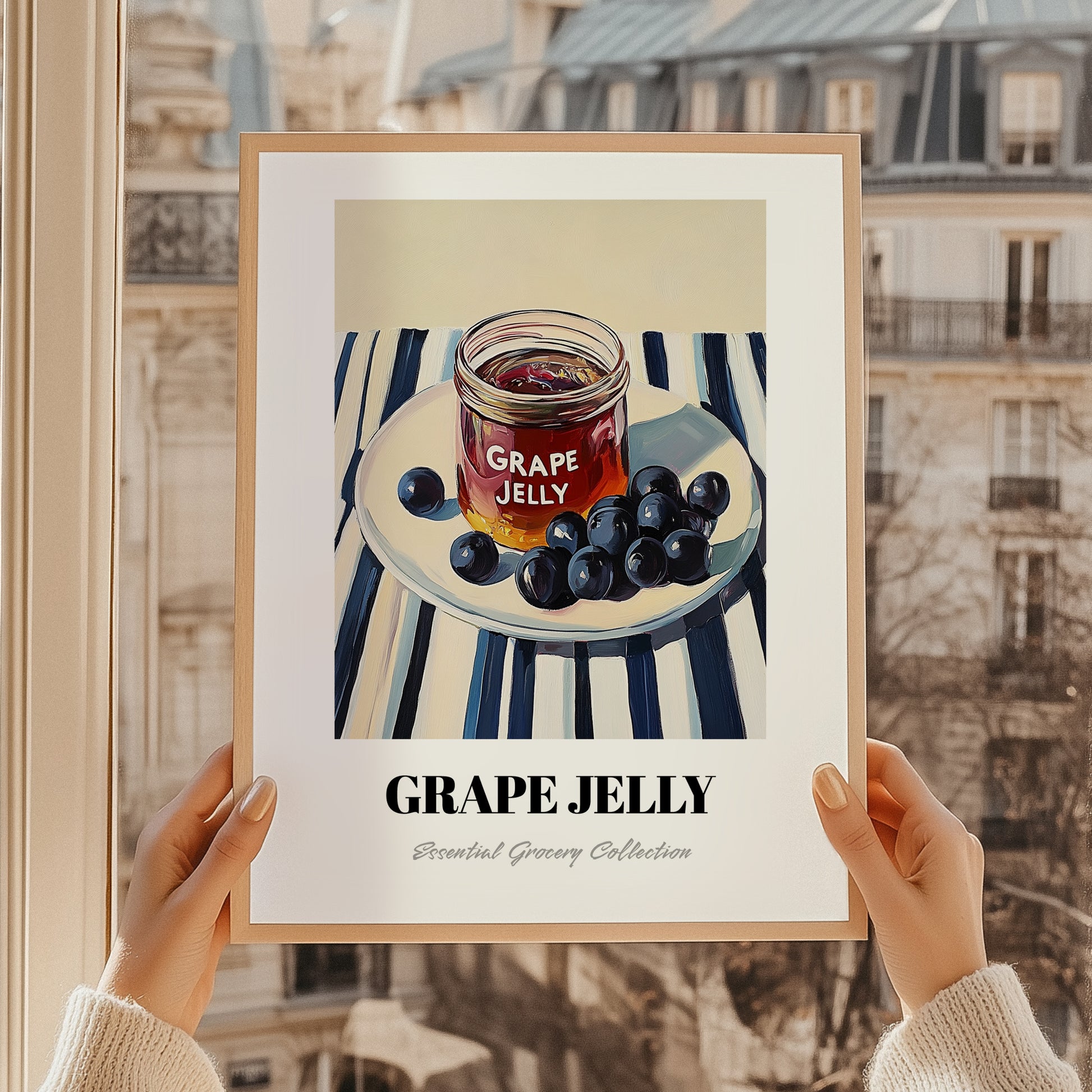 Grape Jelly – on Striped Tablecloth, Jam Art, styled in a charming Paris street view