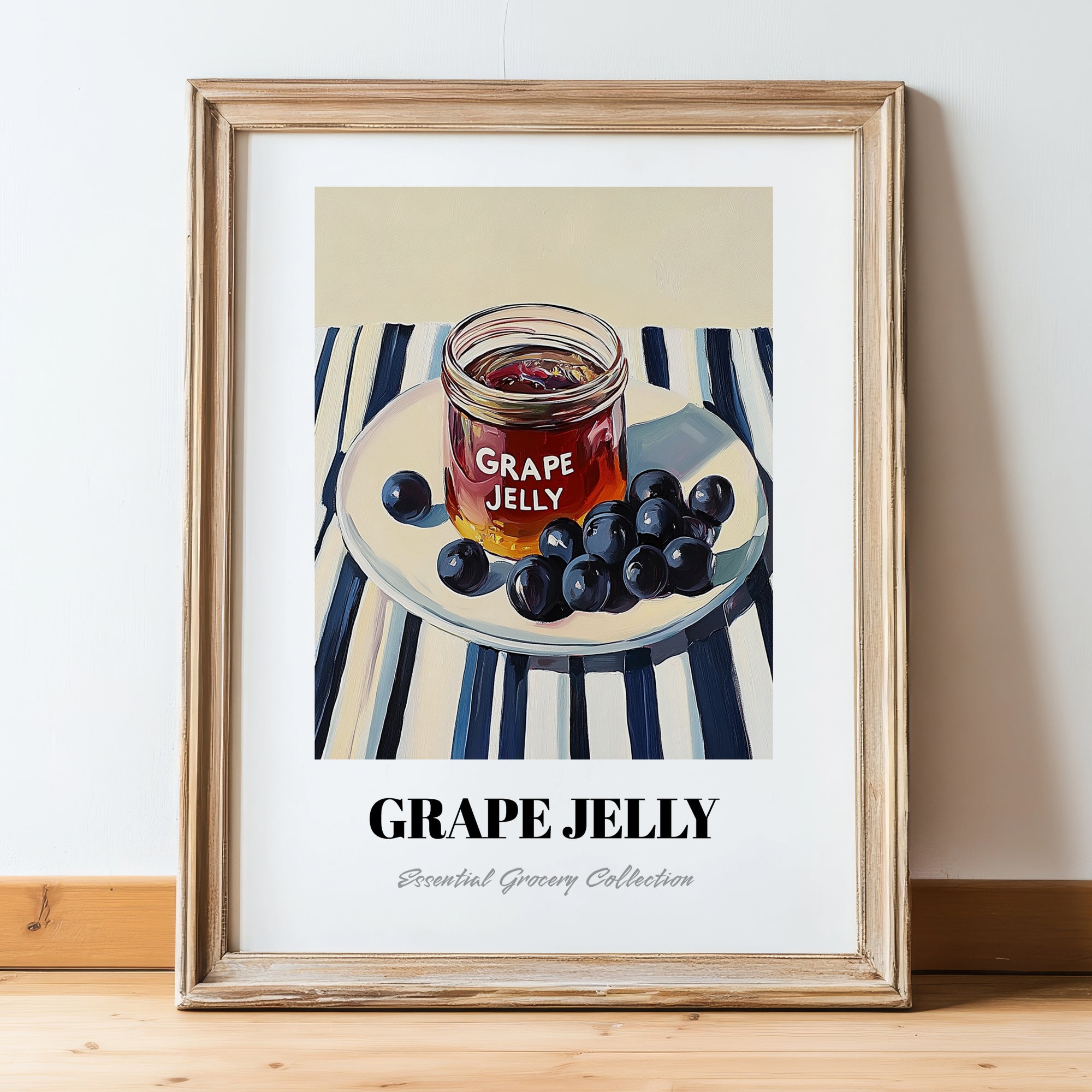 Grape Jelly – on Striped Tablecloth, Jam Art, in wooden frame leaning on the floor