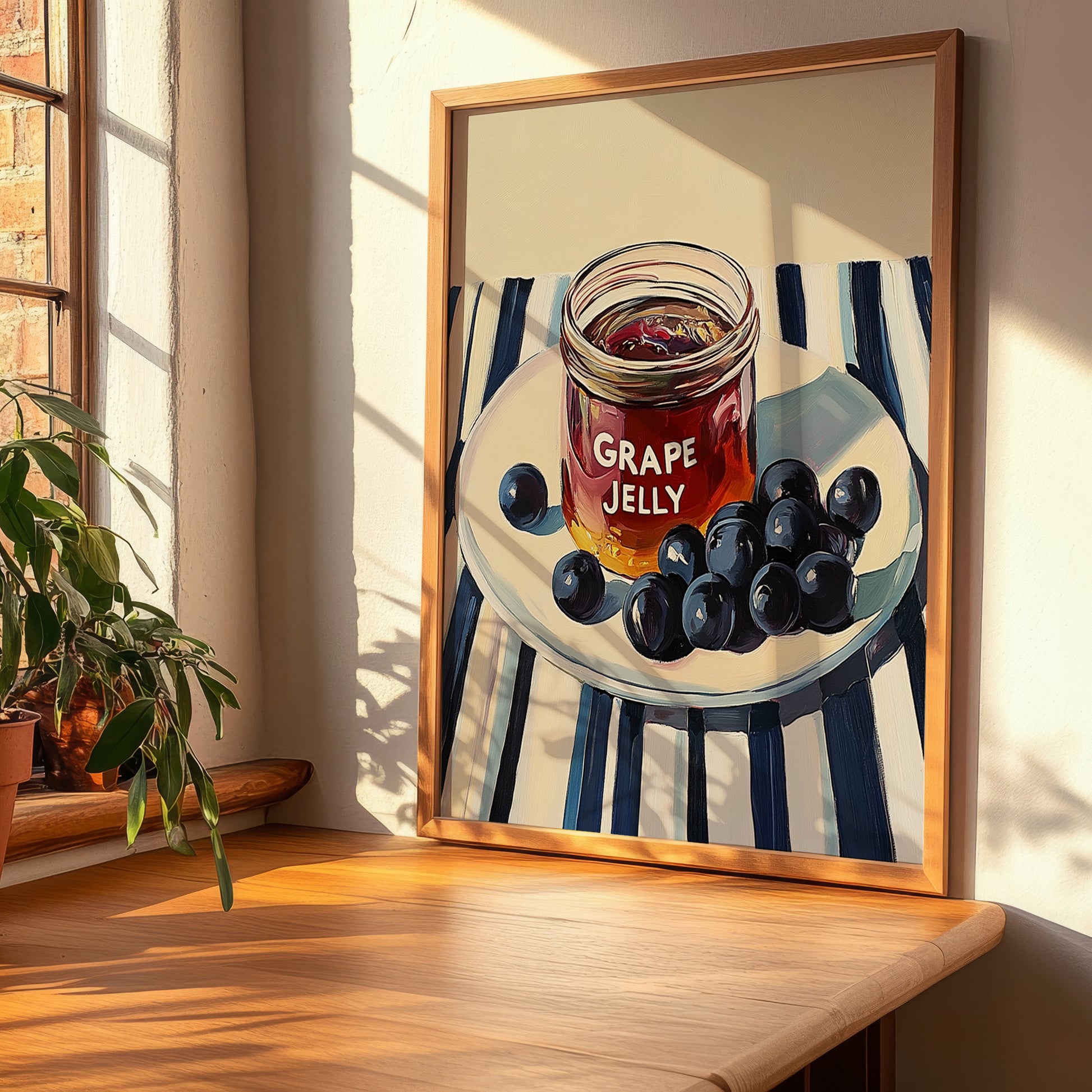 Grape Jelly – on Striped Tablecloth, Jam Art, clean layout with no caption