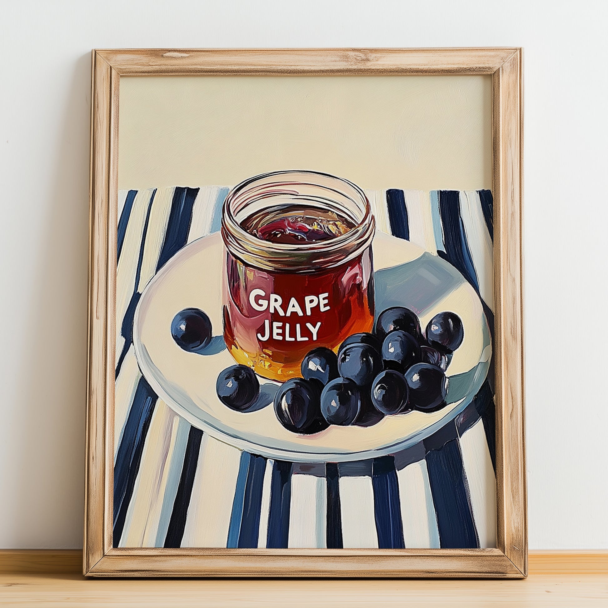 Grape Jelly – on Striped Tablecloth, Jam Art, no-text version framed in wood