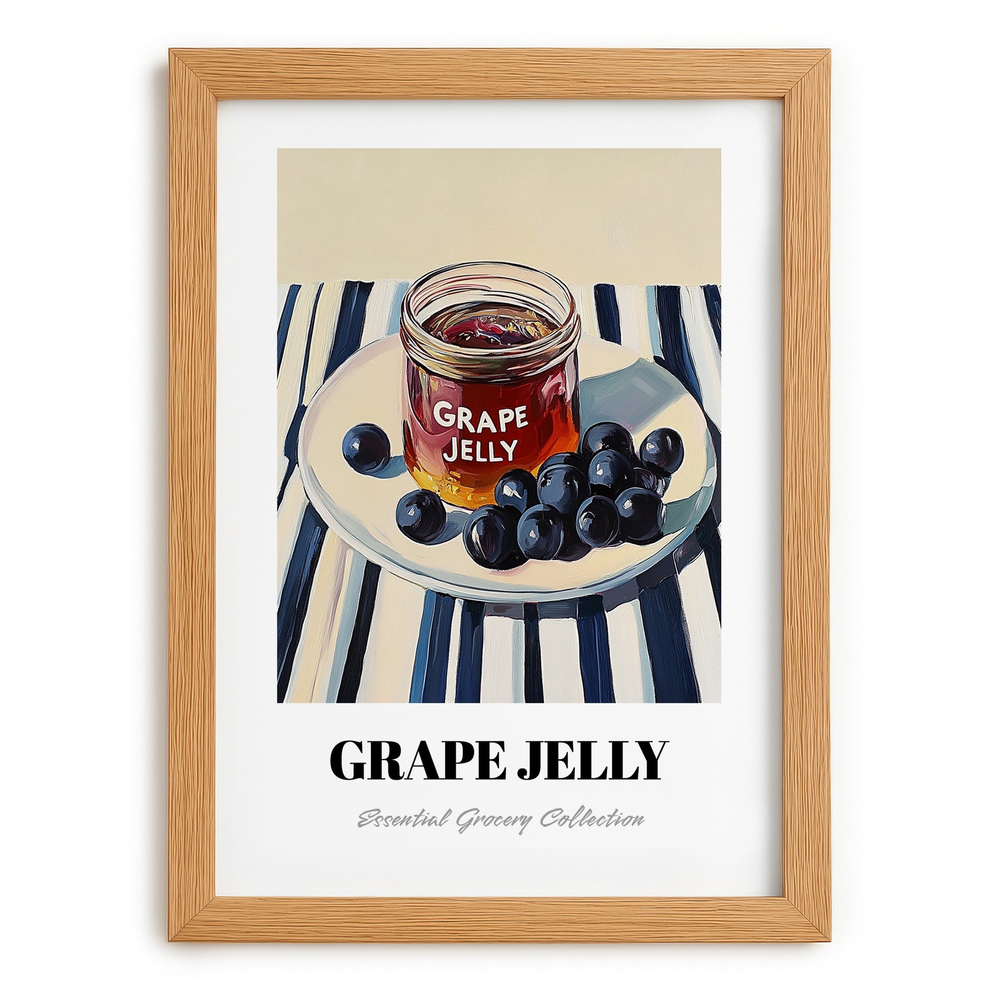 Grape Jelly – on Striped Tablecloth, Jam Art, set in oak frame