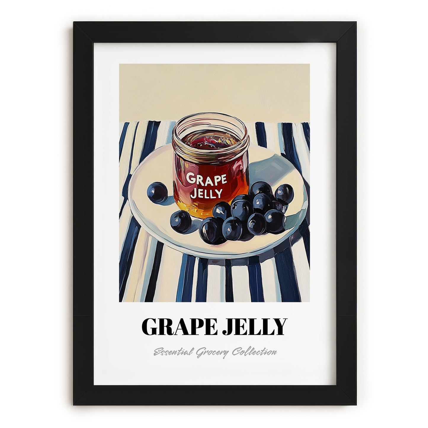 Grape Jelly – on Striped Tablecloth, Jam Art, in sleek black frame