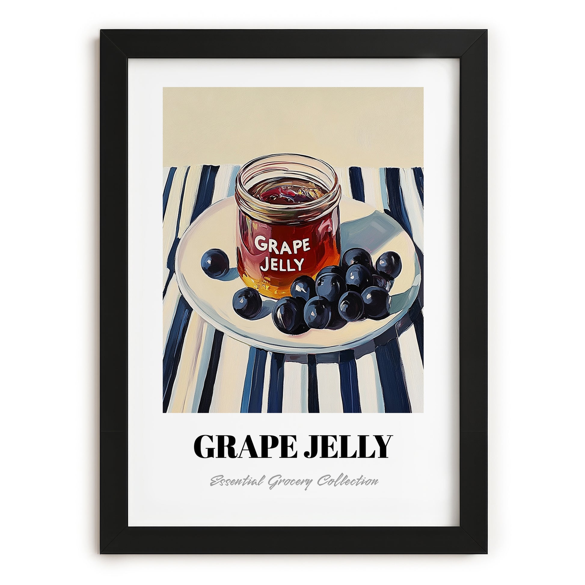Grape Jelly – on Striped Tablecloth, Jam Art, in sleek black frame