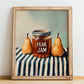 Pear Jam – on Striped Tablecloth, Jam Poster, no-text version framed in wood