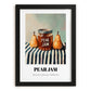 Pear Jam – on Striped Tablecloth, Jam Poster, in sleek black frame