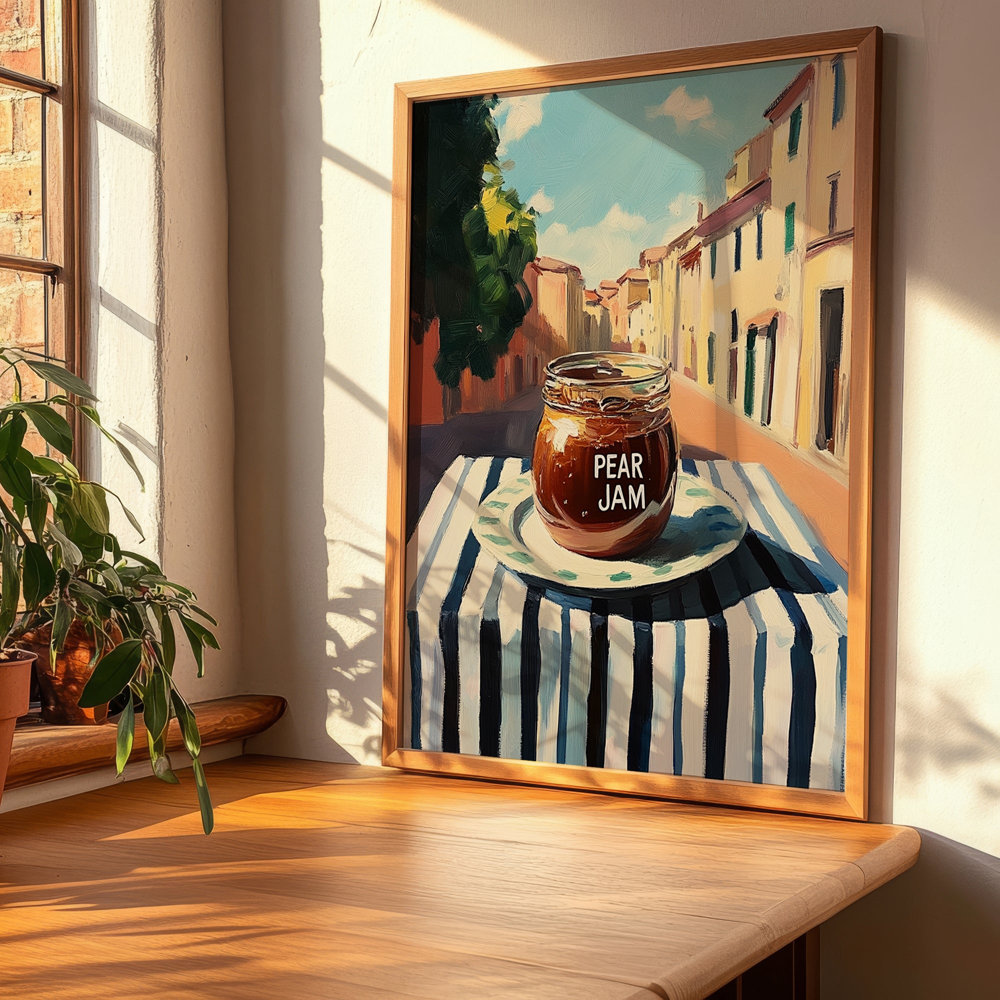 Pear Jam – Italian Urban Café Scene, Jam Still Life, clean layout with no caption