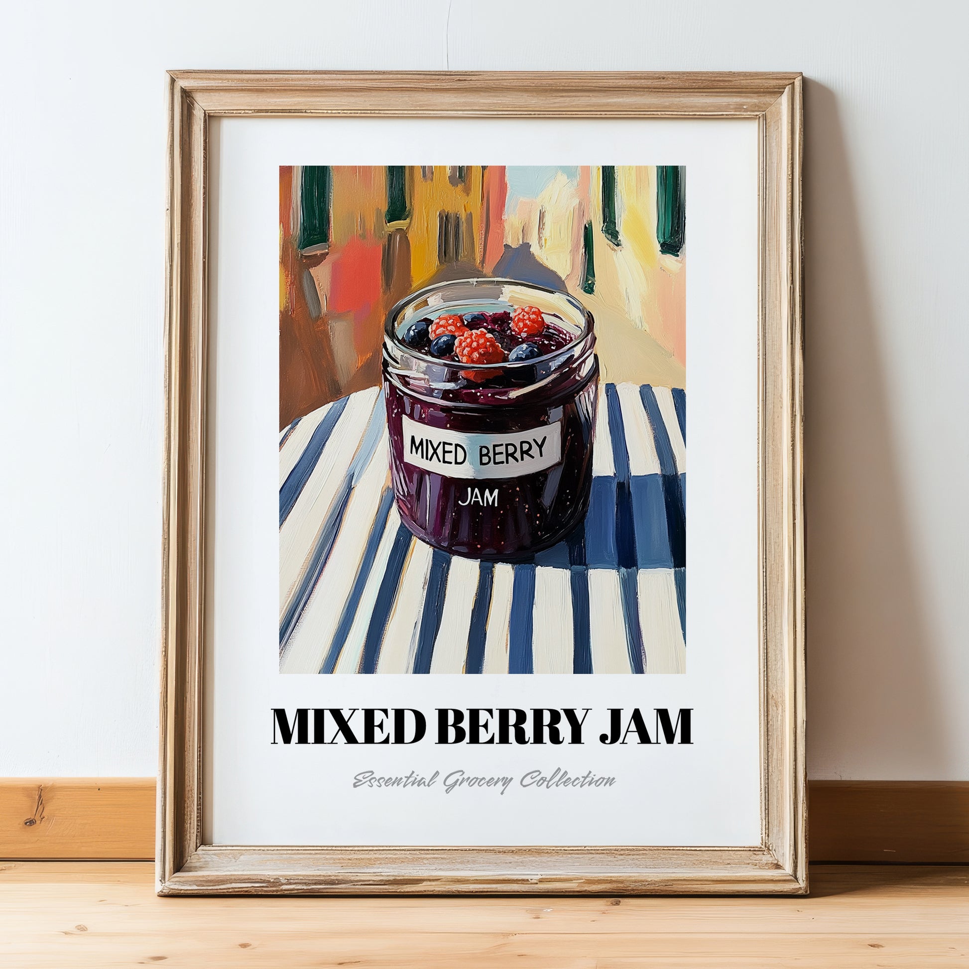 Mixed Berry Jam – Italian Outdoor Café Scene, Jam Wall Decor, in wooden frame leaning on the floor