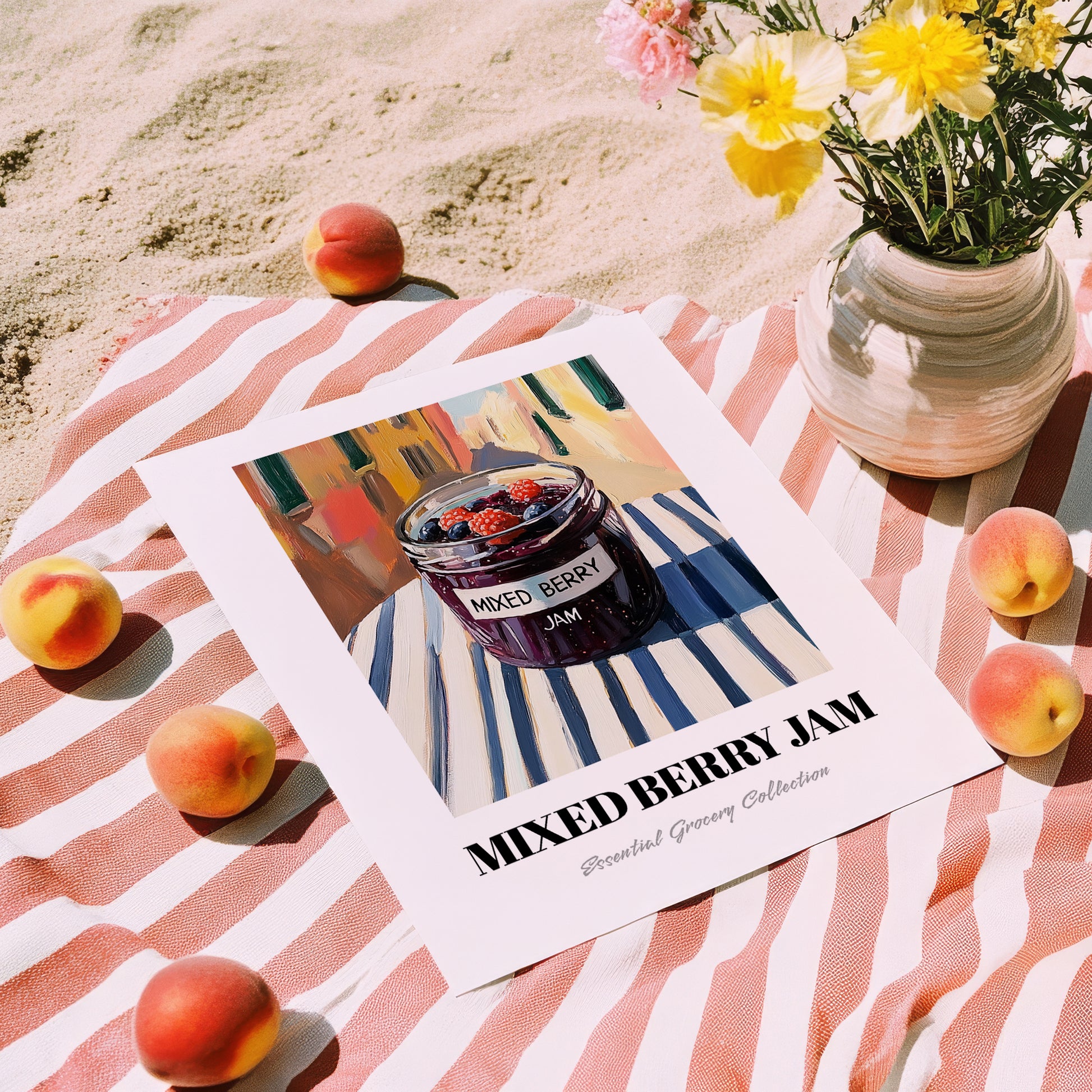Mixed Berry Jam – Italian Outdoor Café Scene, Jam Wall Decor, unframed on coastal sand
