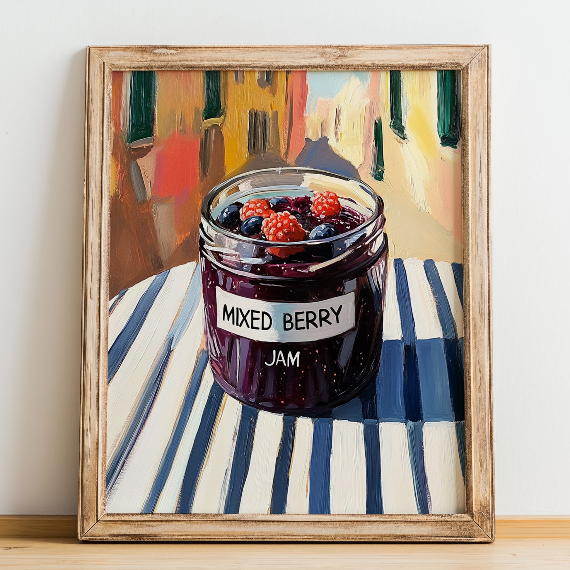 Mixed Berry Jam – Italian Outdoor Café Scene, Jam Wall Decor, no-text version framed in wood