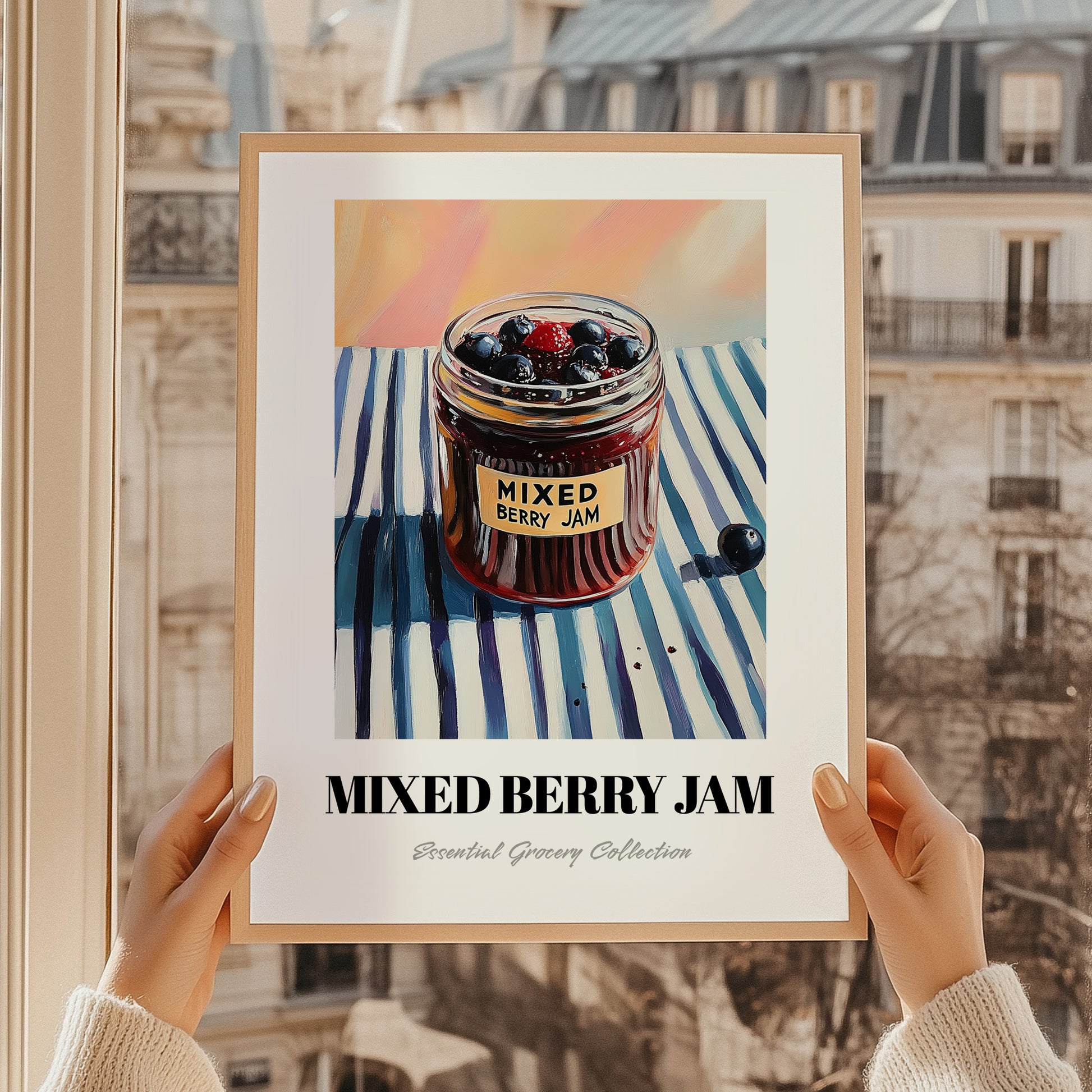 Mixed Berry Jam – on Striped Tablecloth, Jam Wall Decor, styled in a charming Paris street view