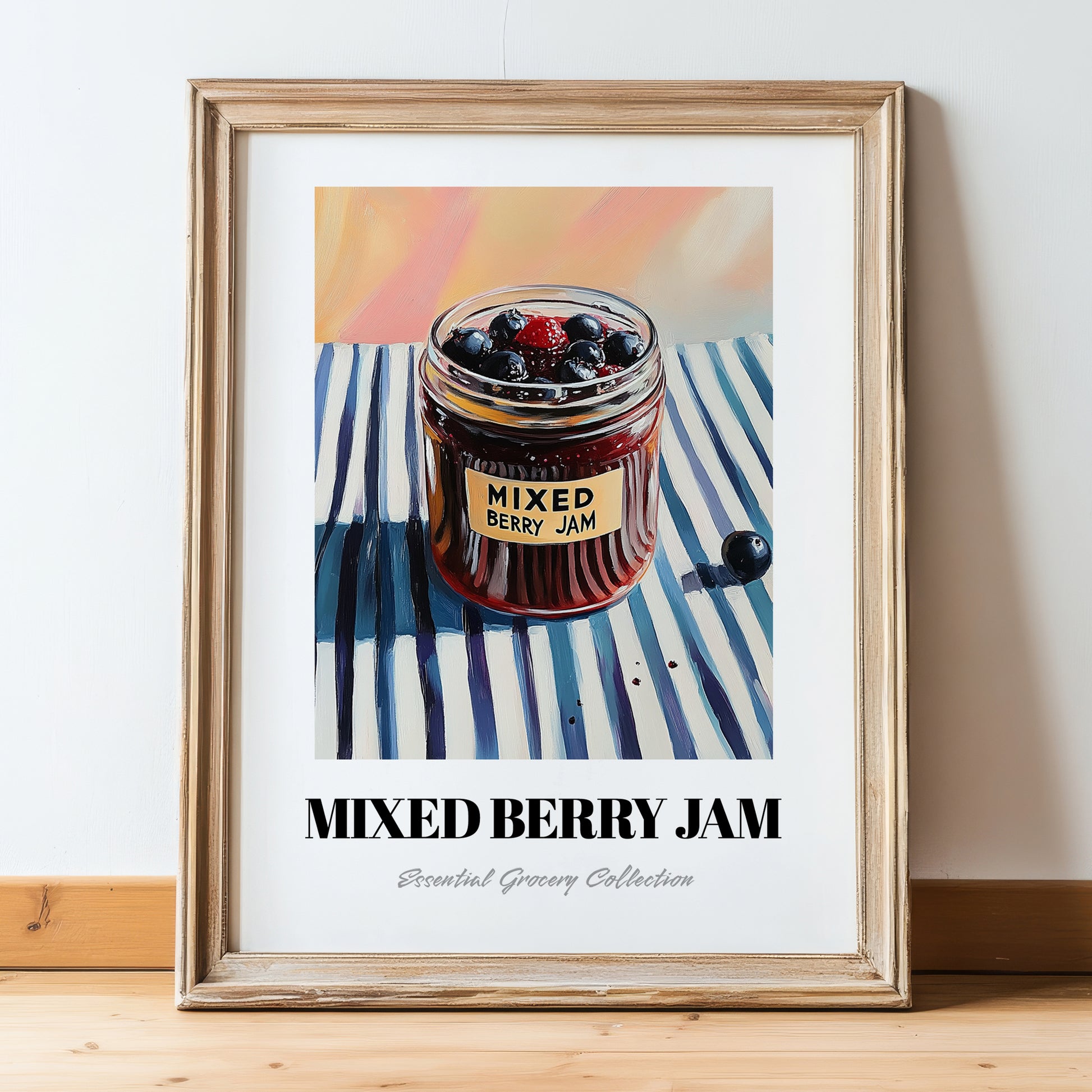 Mixed Berry Jam – on Striped Tablecloth, Jam Wall Decor, in wooden frame leaning on the floor