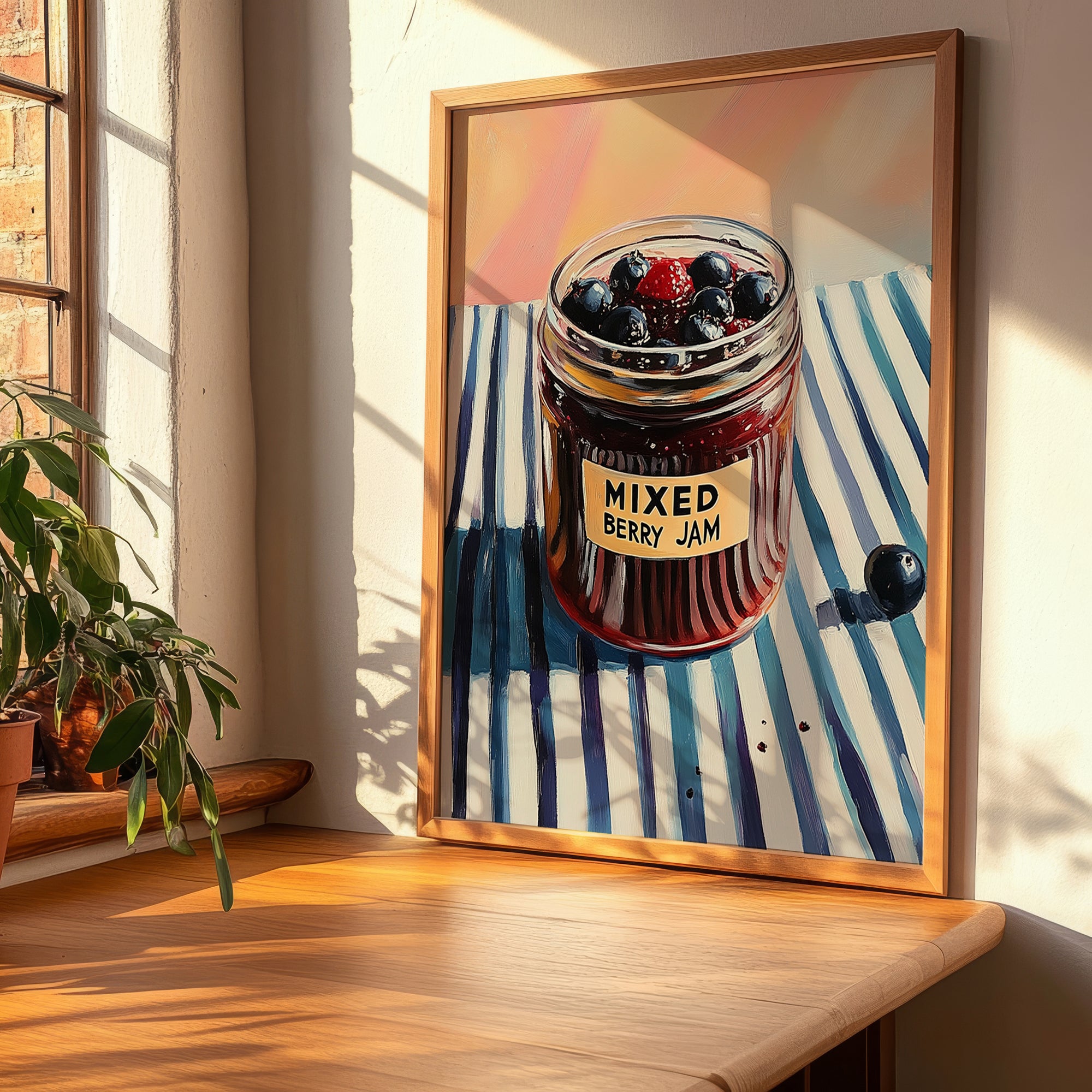 Mixed Berry Jam – on Striped Tablecloth, Jam Wall Decor, clean layout with no caption