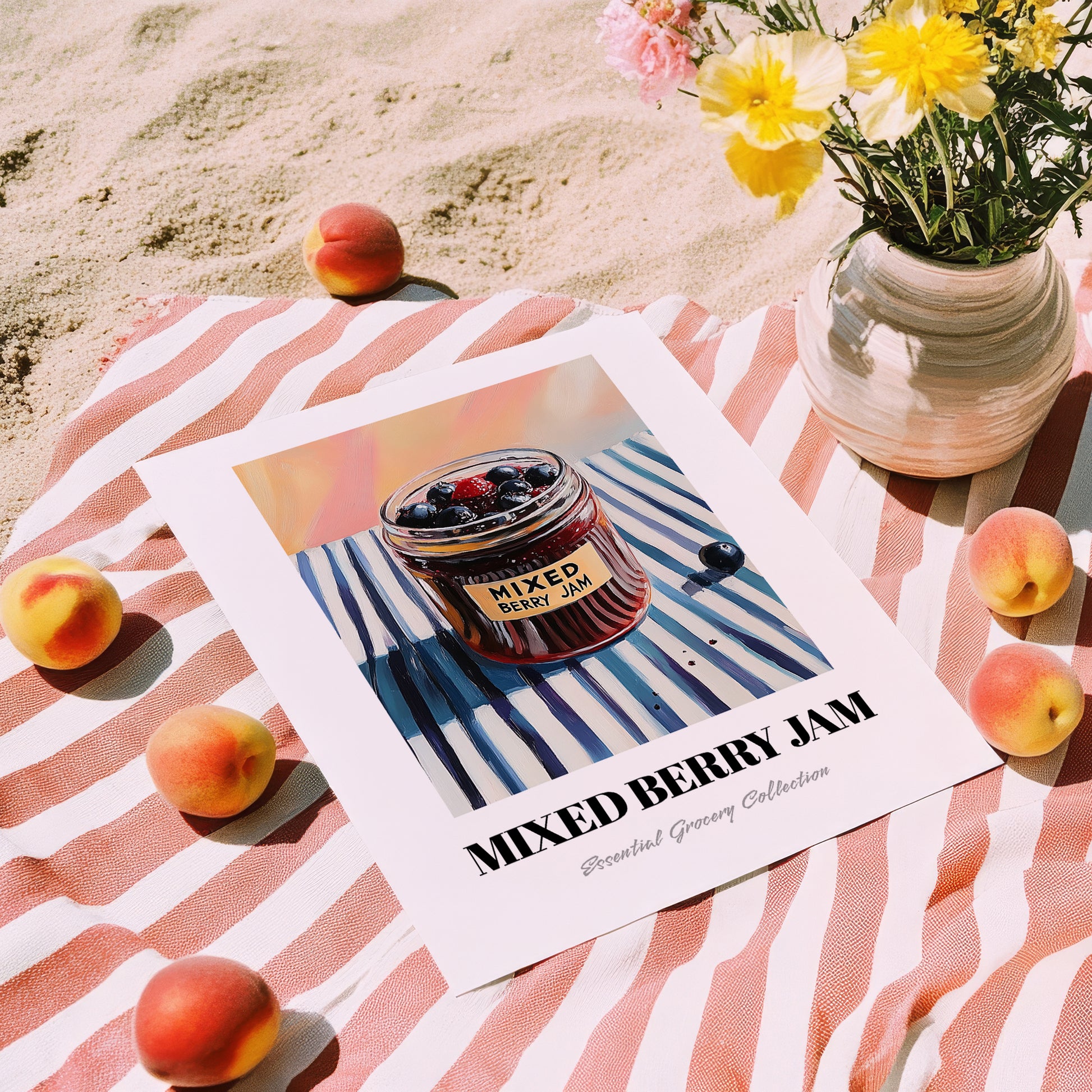 Mixed Berry Jam – on Striped Tablecloth, Jam Wall Decor, unframed on coastal sand