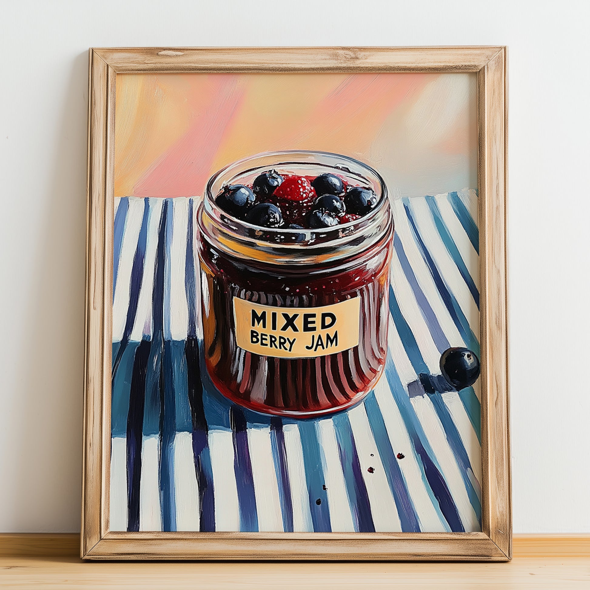 Mixed Berry Jam – on Striped Tablecloth, Jam Wall Decor, no-text version framed in wood