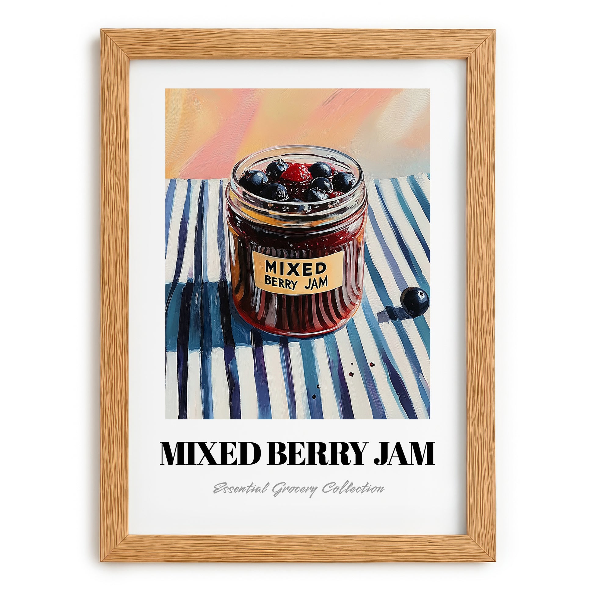 Mixed Berry Jam – on Striped Tablecloth, Jam Wall Decor, set in oak frame