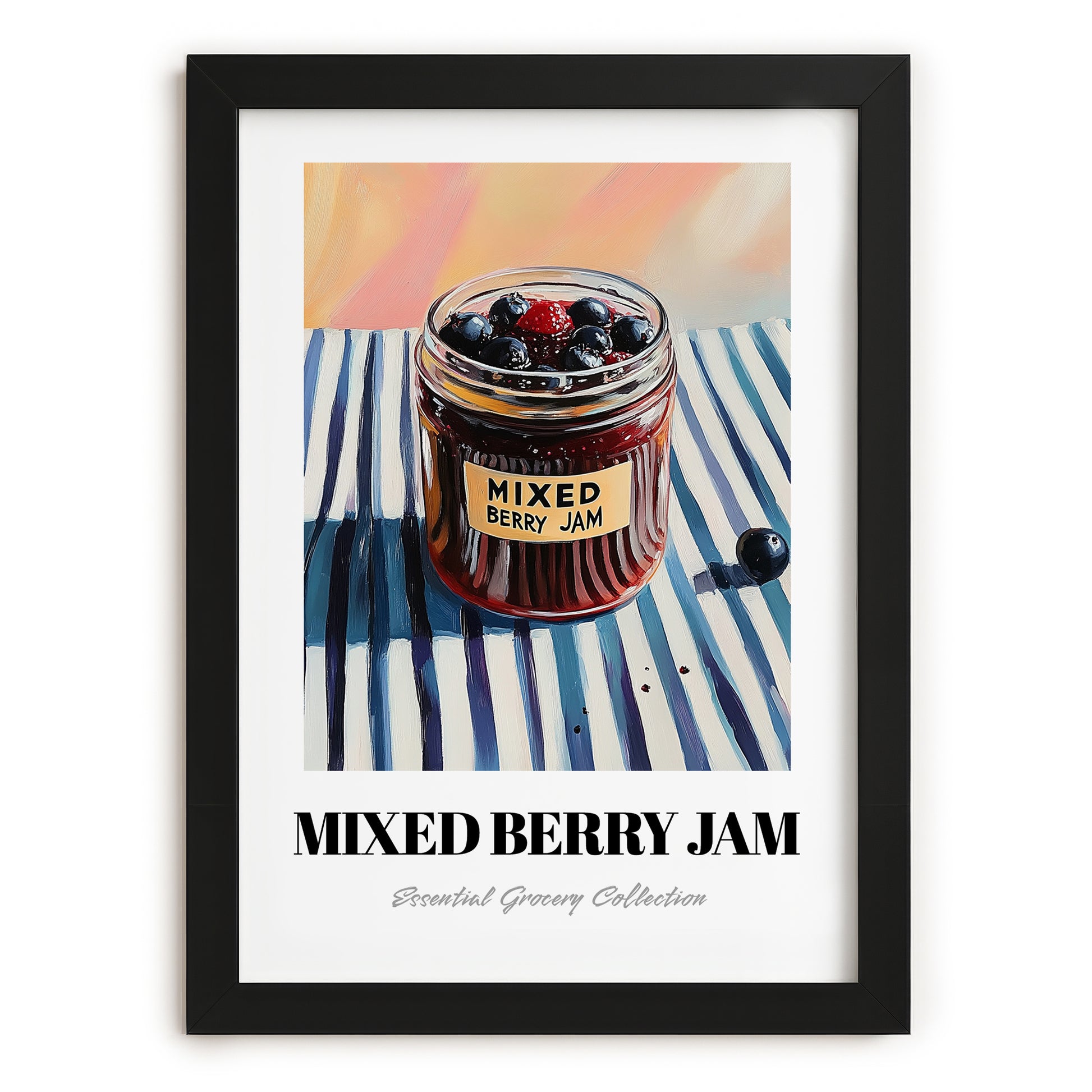 Mixed Berry Jam – on Striped Tablecloth, Jam Wall Decor, in sleek black frame