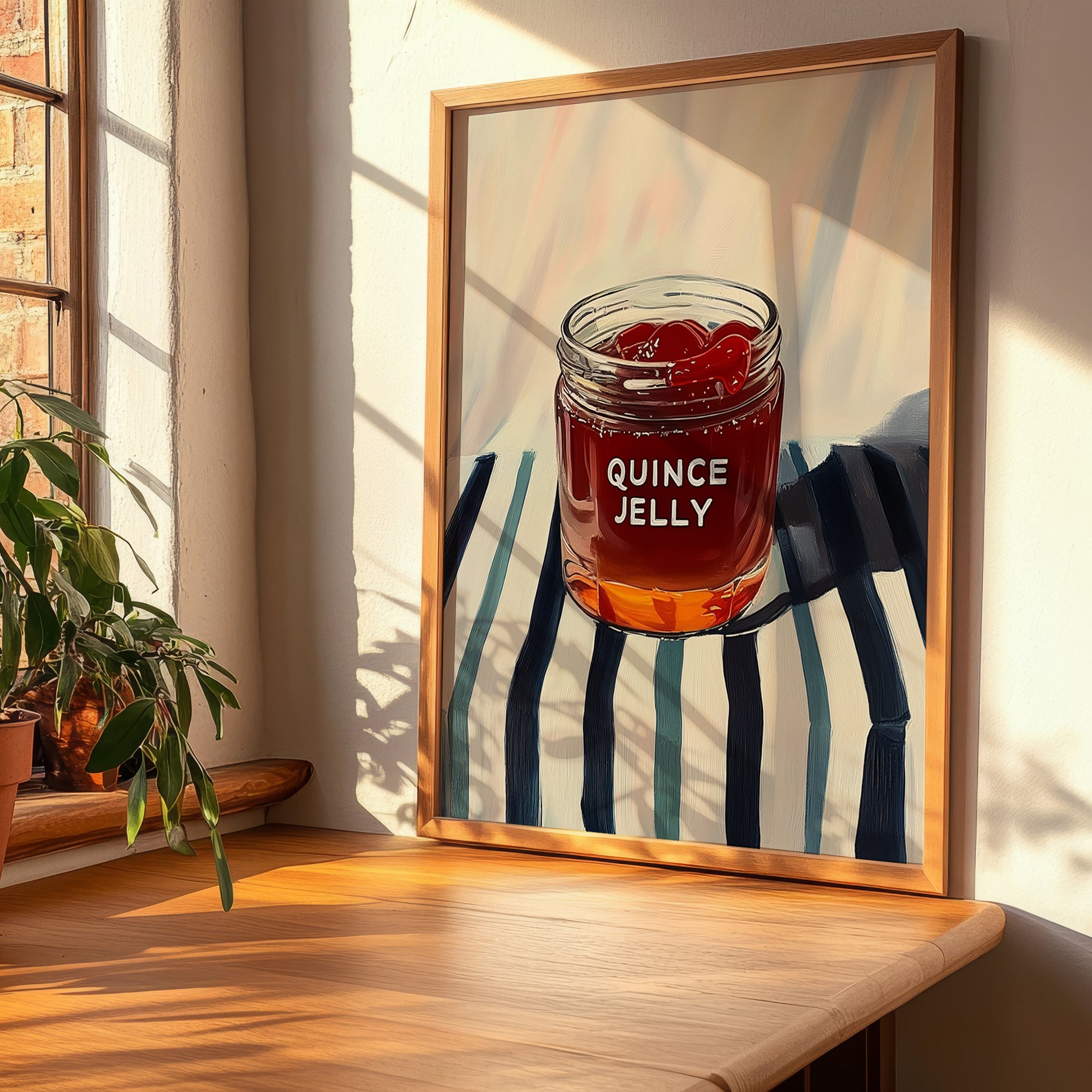 Quince Jelly – on Striped Tablecloth, Jam Illustration, clean layout with no caption