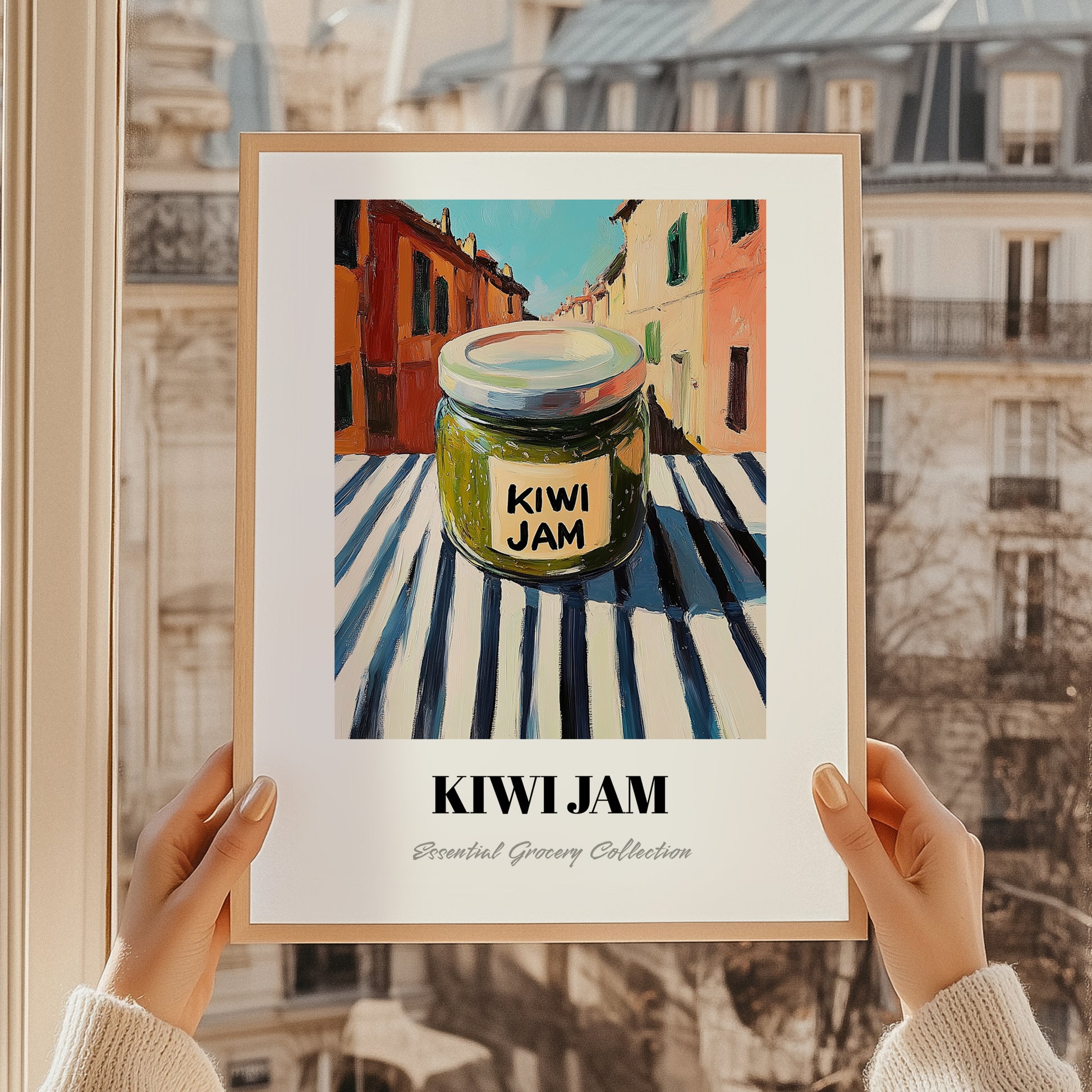 Kiwi Jam – Italian Street Café Scene, Jam Print, styled in a charming Paris street view