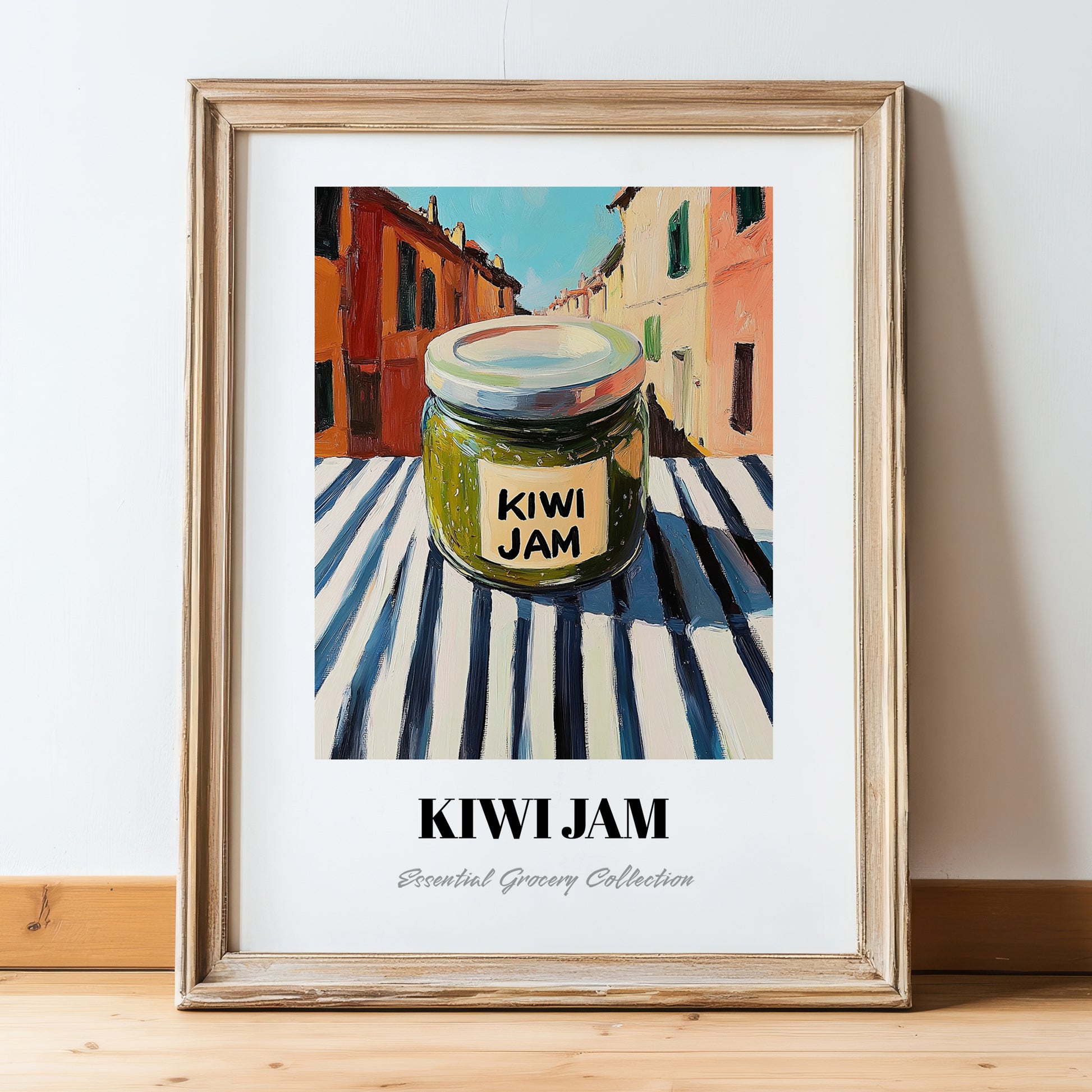 Kiwi Jam – Italian Street Café Scene, Jam Print, in wooden frame leaning on the floor