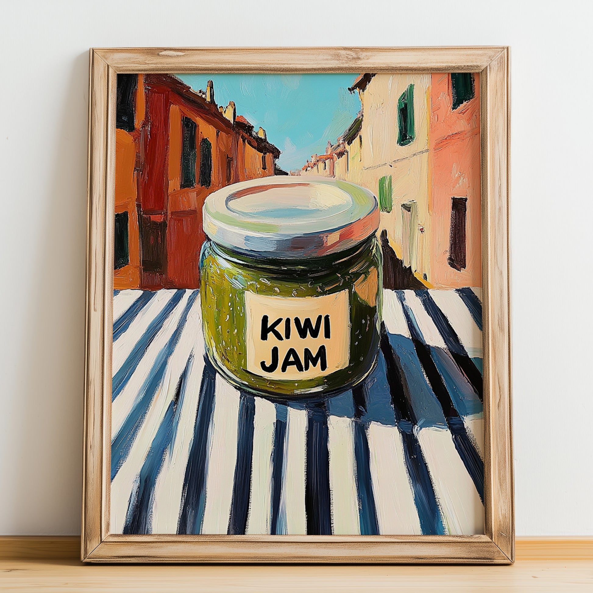 Kiwi Jam – Italian Street Café Scene, Jam Print, no-text version framed in wood