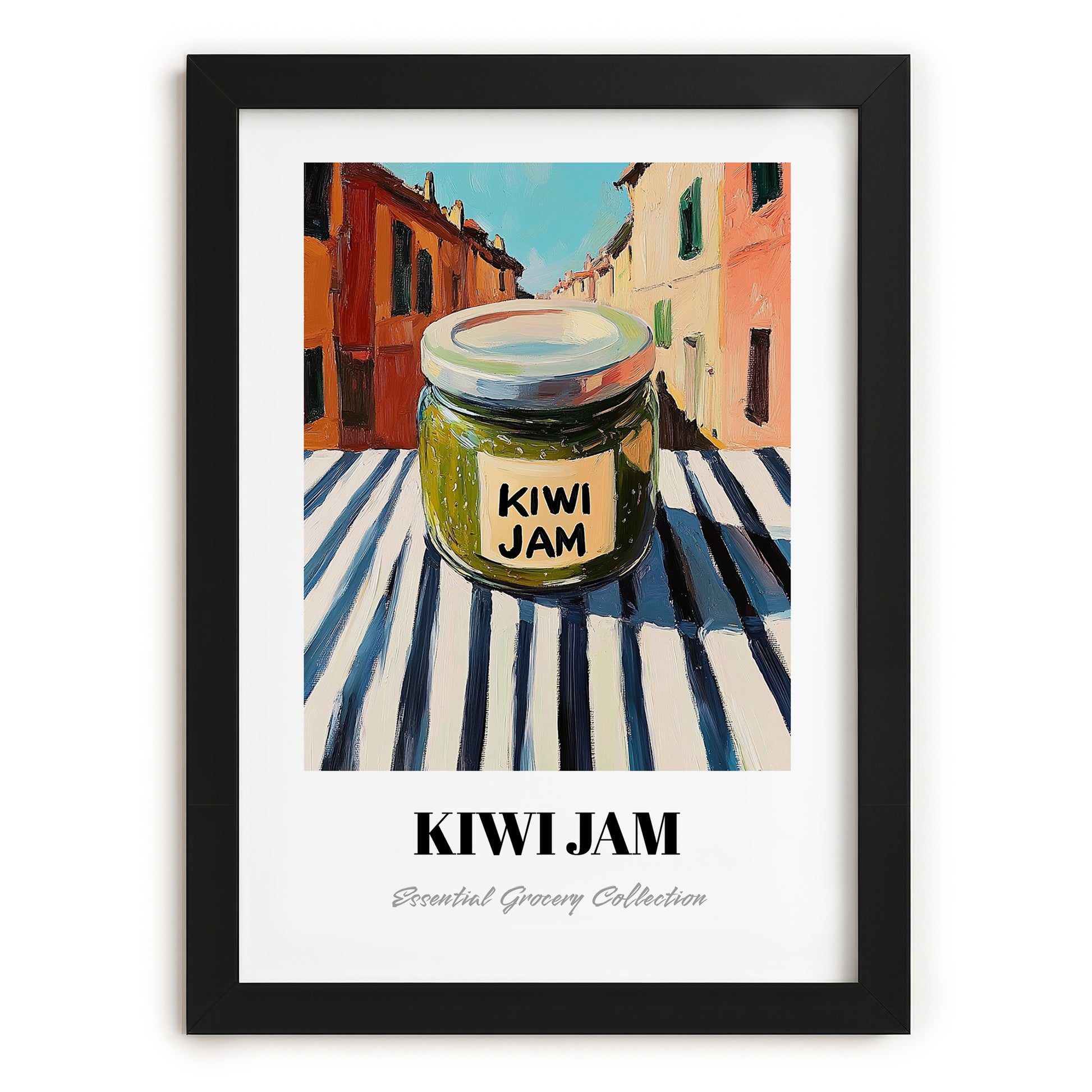 Kiwi Jam – Italian Street Café Scene, Jam Print, in sleek black frame