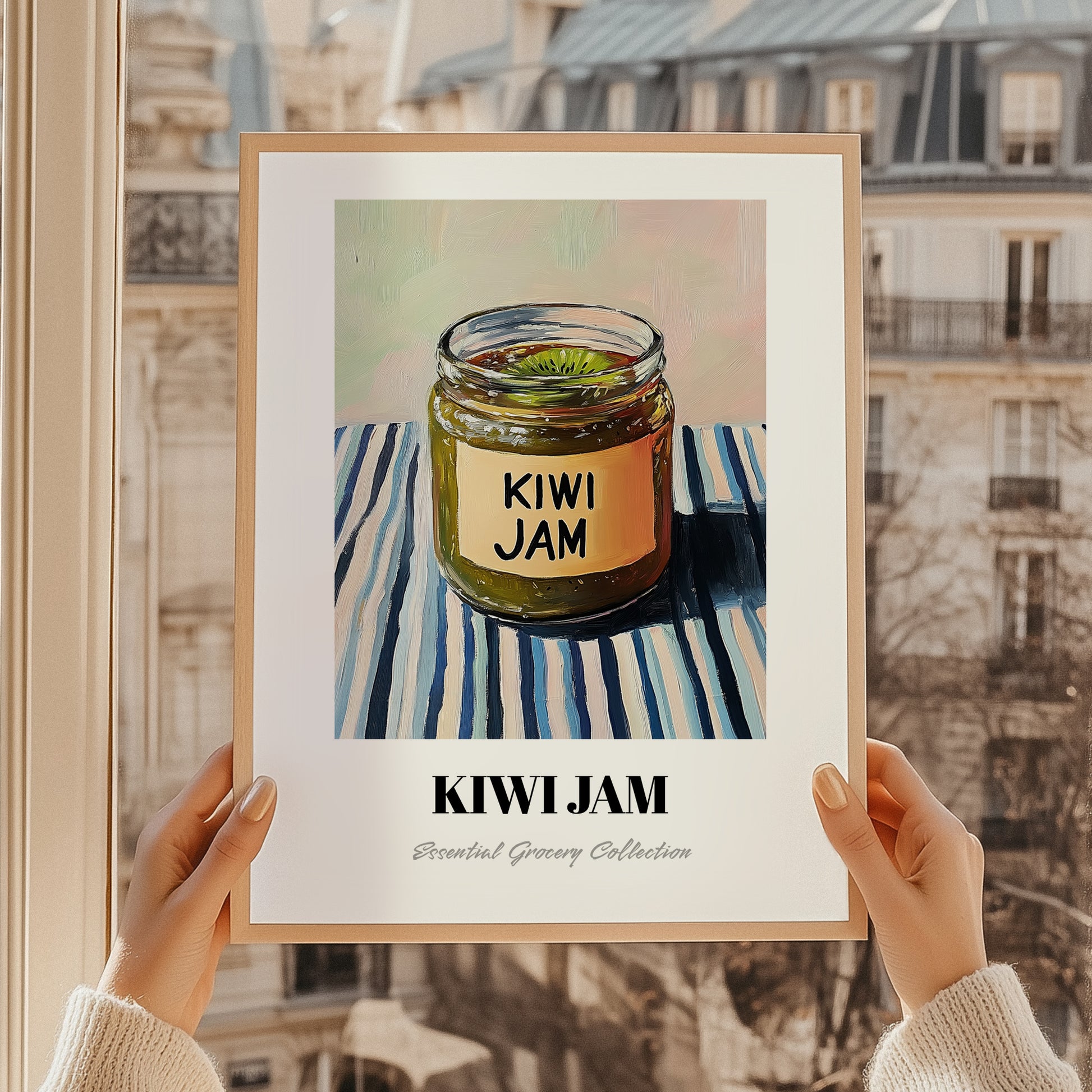 Kiwi Jam – on Striped Tablecloth, Jam Wall Decor, styled in a charming Paris street view