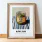 Kiwi Jam – on Striped Tablecloth, Jam Wall Decor, in wooden frame leaning on the floor