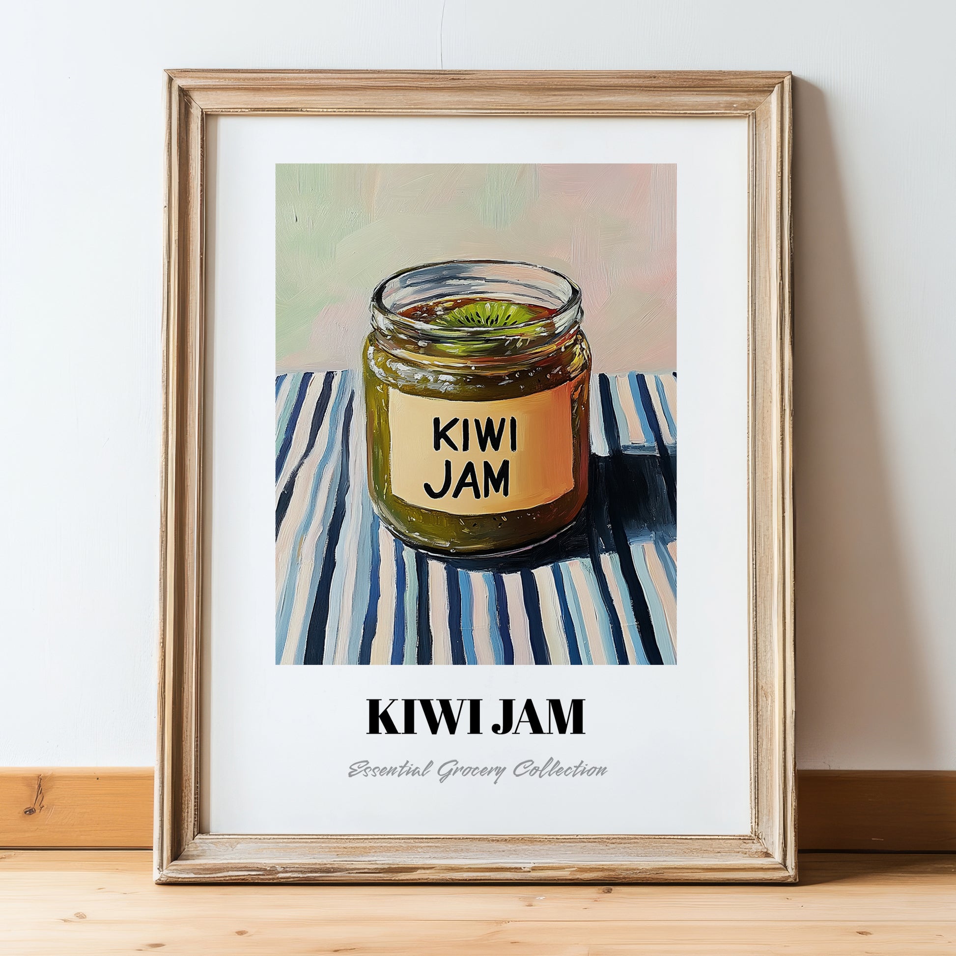 Kiwi Jam – on Striped Tablecloth, Jam Wall Decor, in wooden frame leaning on the floor