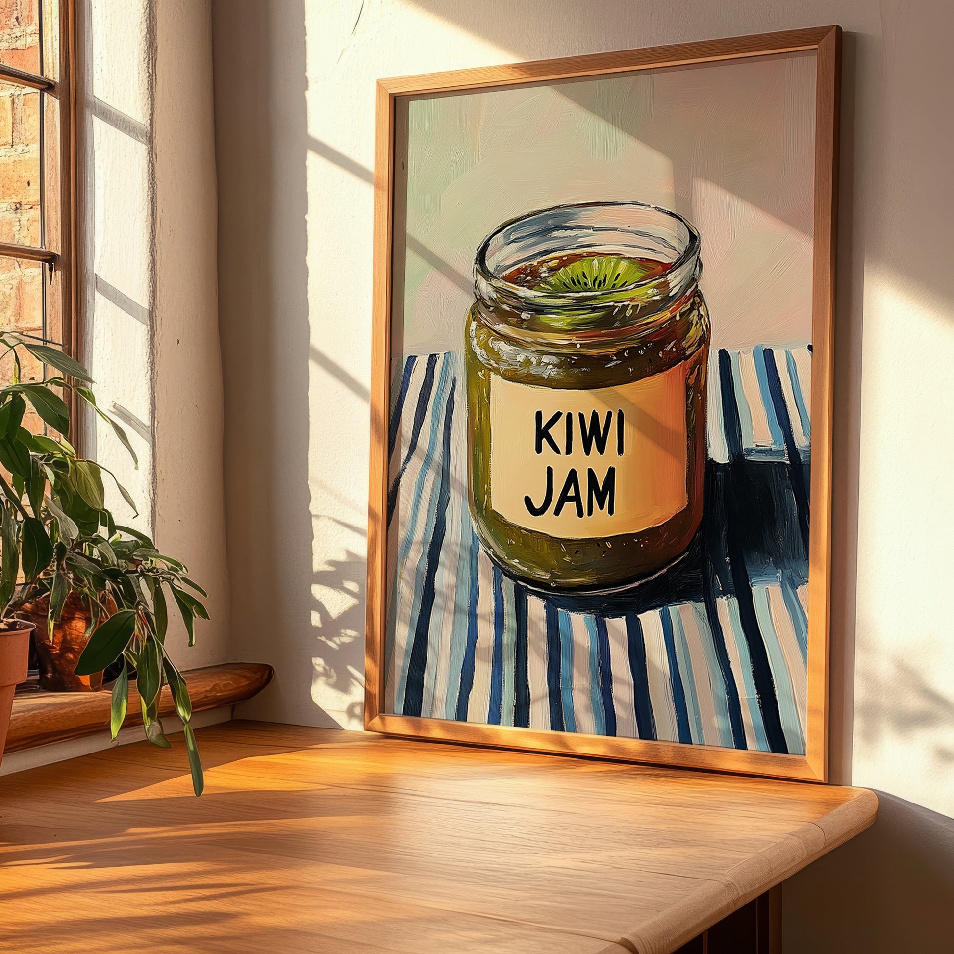 Kiwi Jam – on Striped Tablecloth, Jam Wall Decor, clean layout with no caption