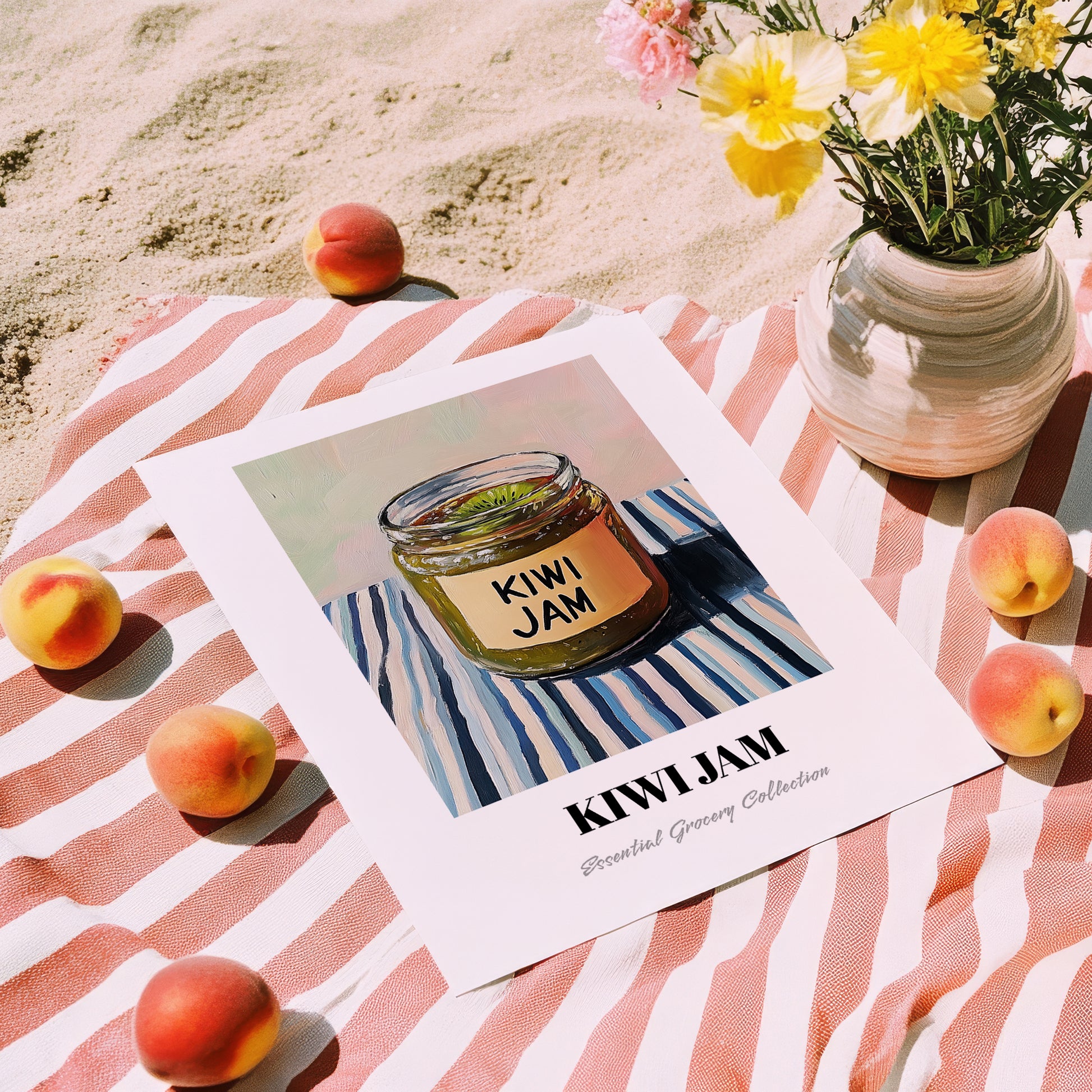 Kiwi Jam – on Striped Tablecloth, Jam Wall Decor, unframed on coastal sand