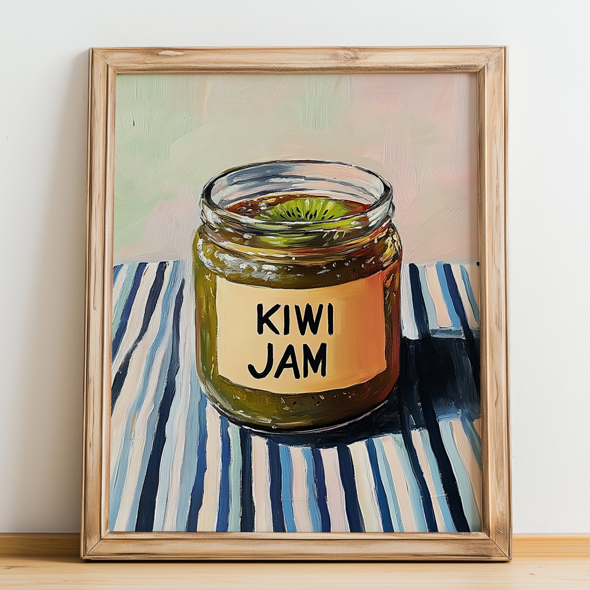 Kiwi Jam – on Striped Tablecloth, Jam Wall Decor, no-text version framed in wood