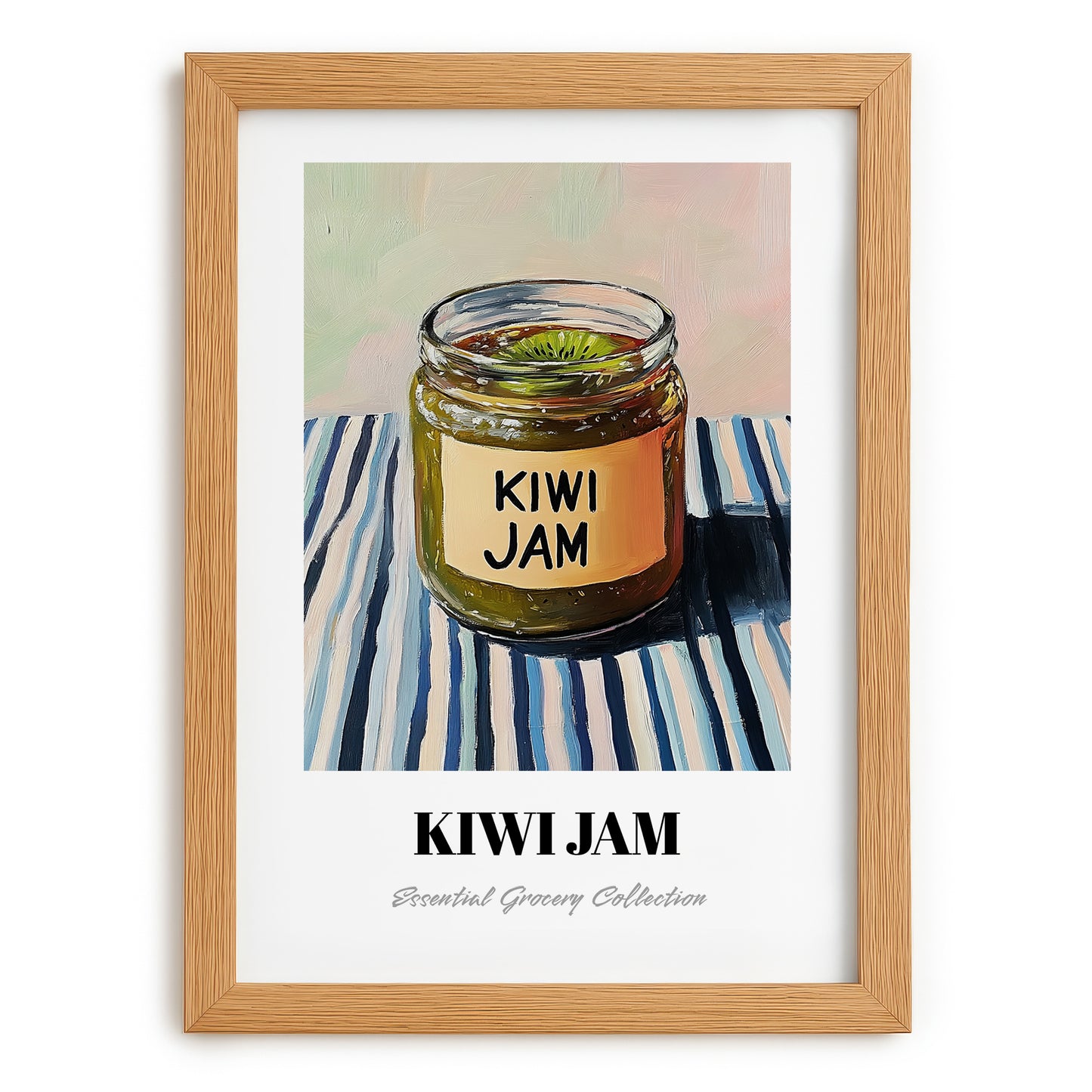 Kiwi Jam – on Striped Tablecloth, Jam Wall Decor, set in oak frame