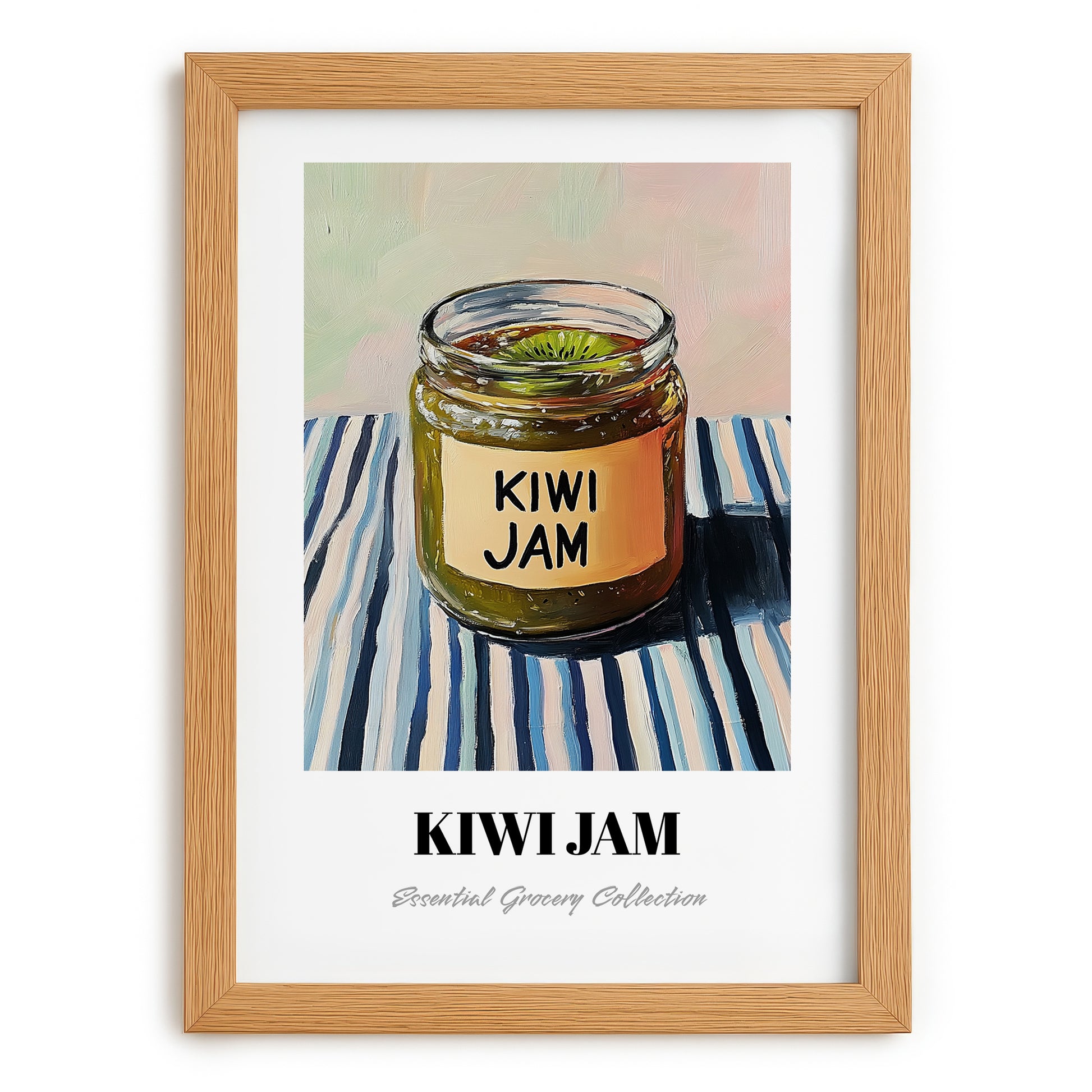 Kiwi Jam – on Striped Tablecloth, Jam Wall Decor, set in oak frame