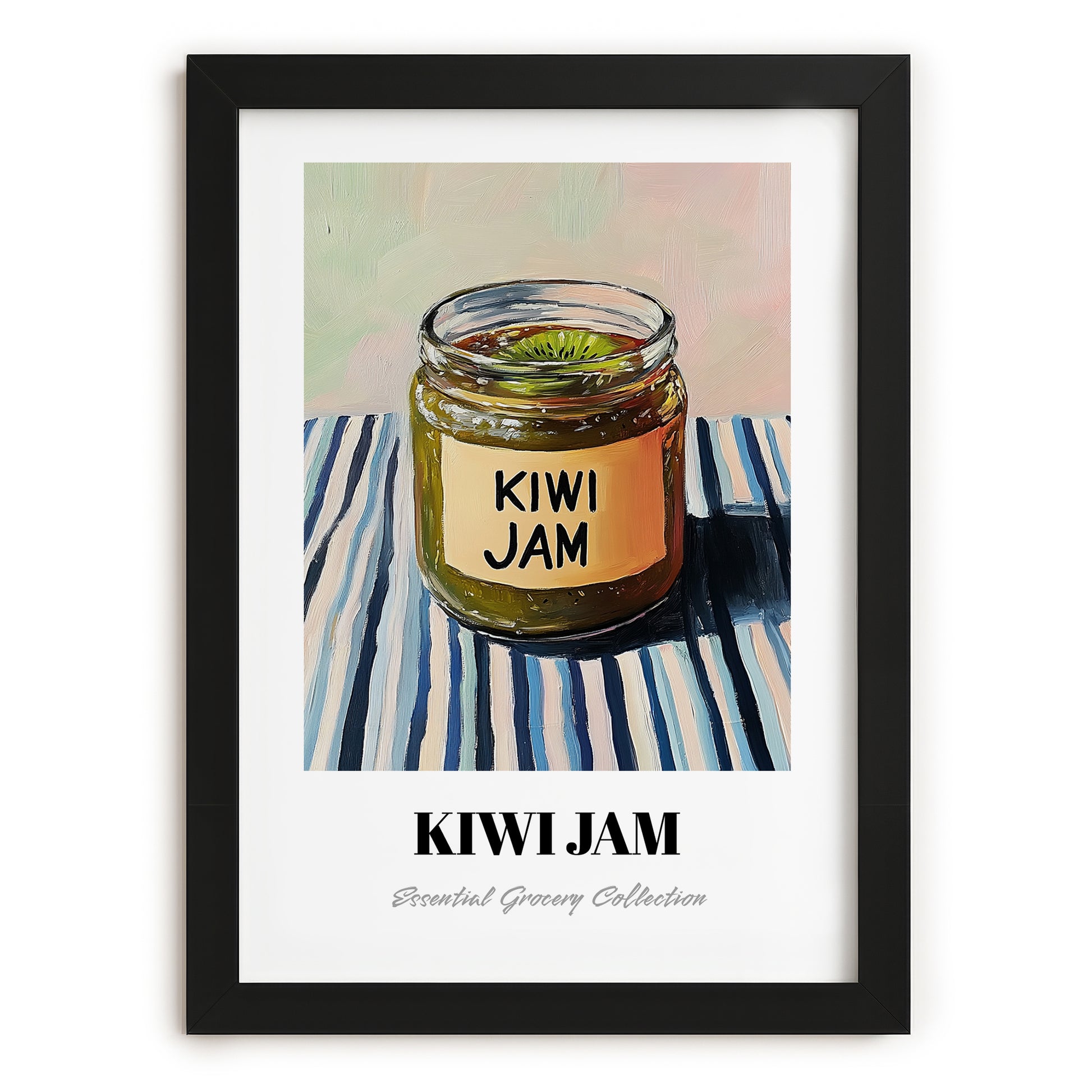 Kiwi Jam – on Striped Tablecloth, Jam Wall Decor, in sleek black frame