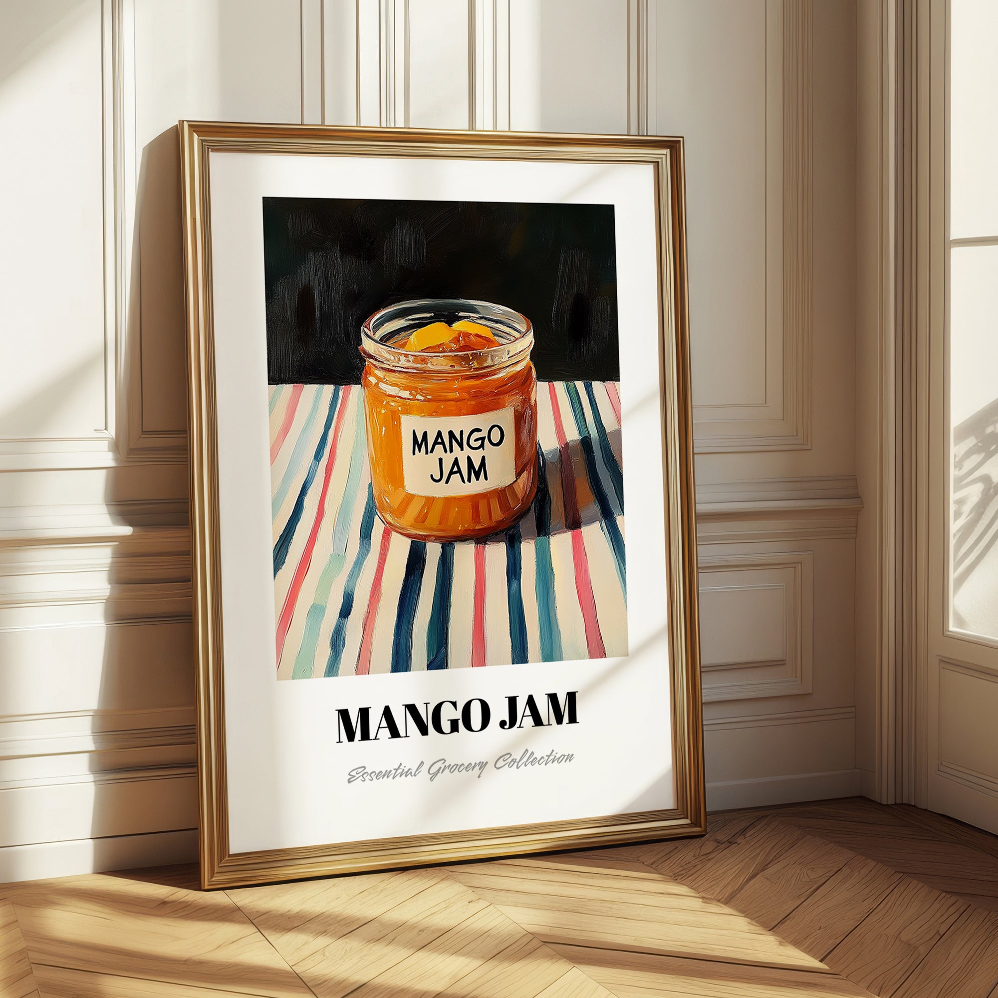 Mango Jam – on Striped Tablecloth, Jam Poster