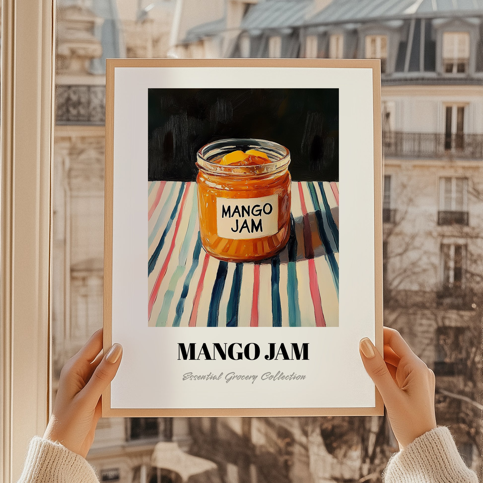 Mango Jam – on Striped Tablecloth, Jam Poster, styled in a charming Paris street view