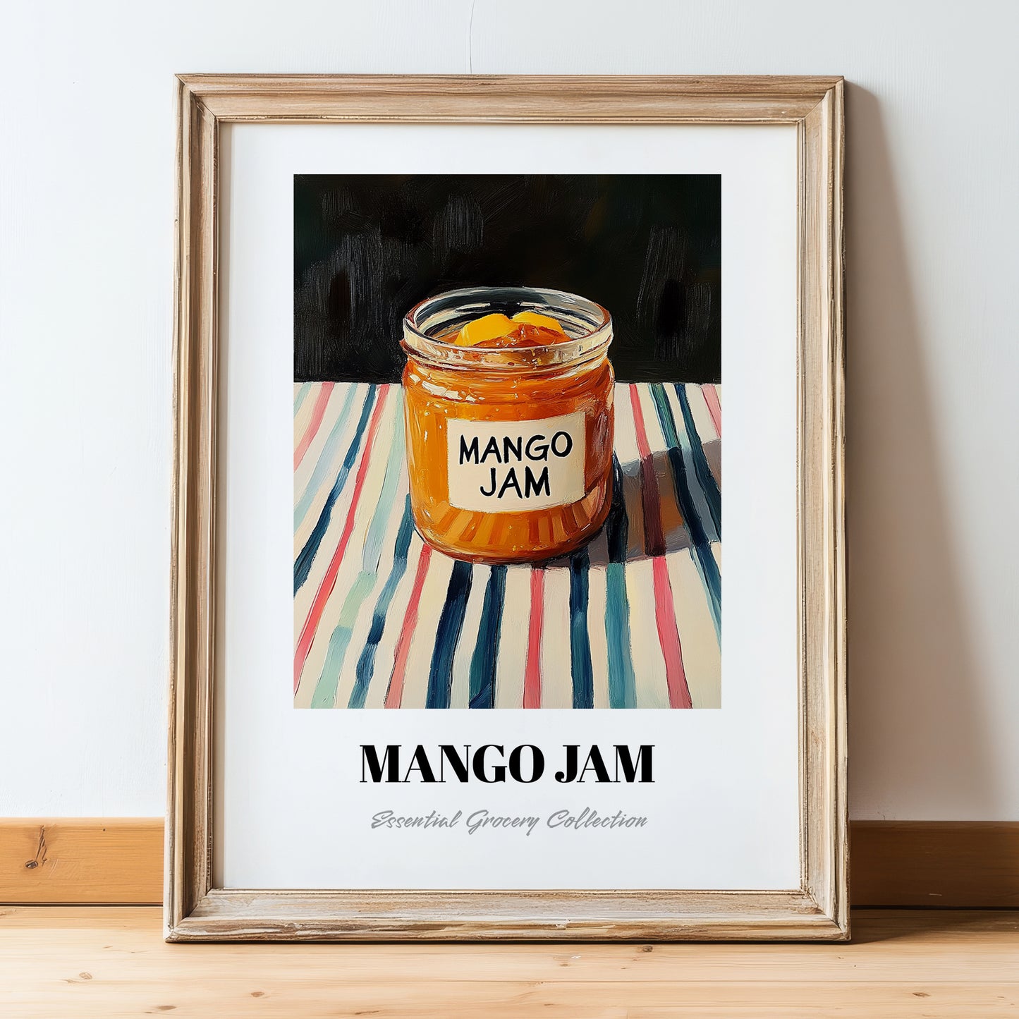 Mango Jam – on Striped Tablecloth, Jam Poster, in wooden frame leaning on the floor