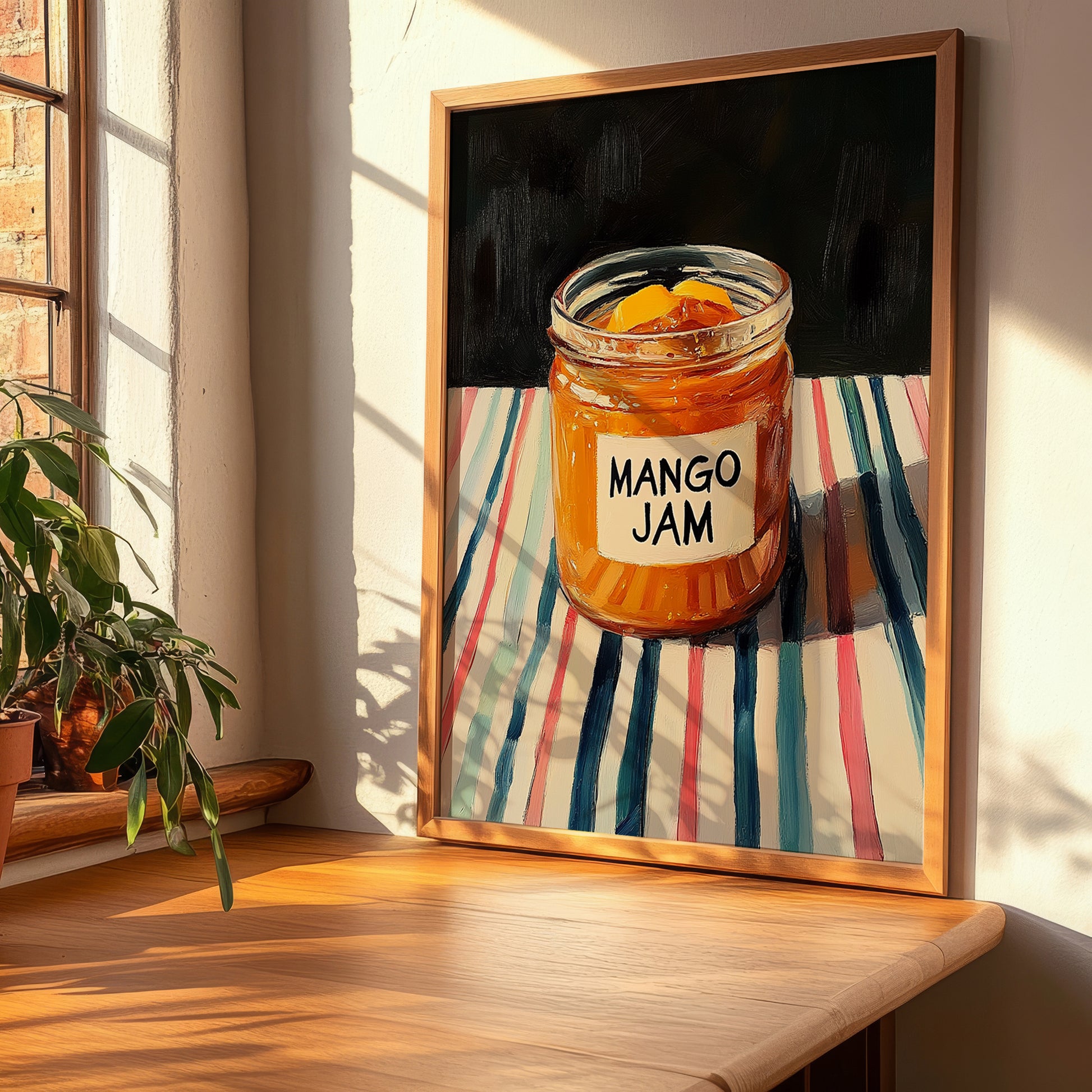 Mango Jam – on Striped Tablecloth, Jam Poster, clean layout with no caption